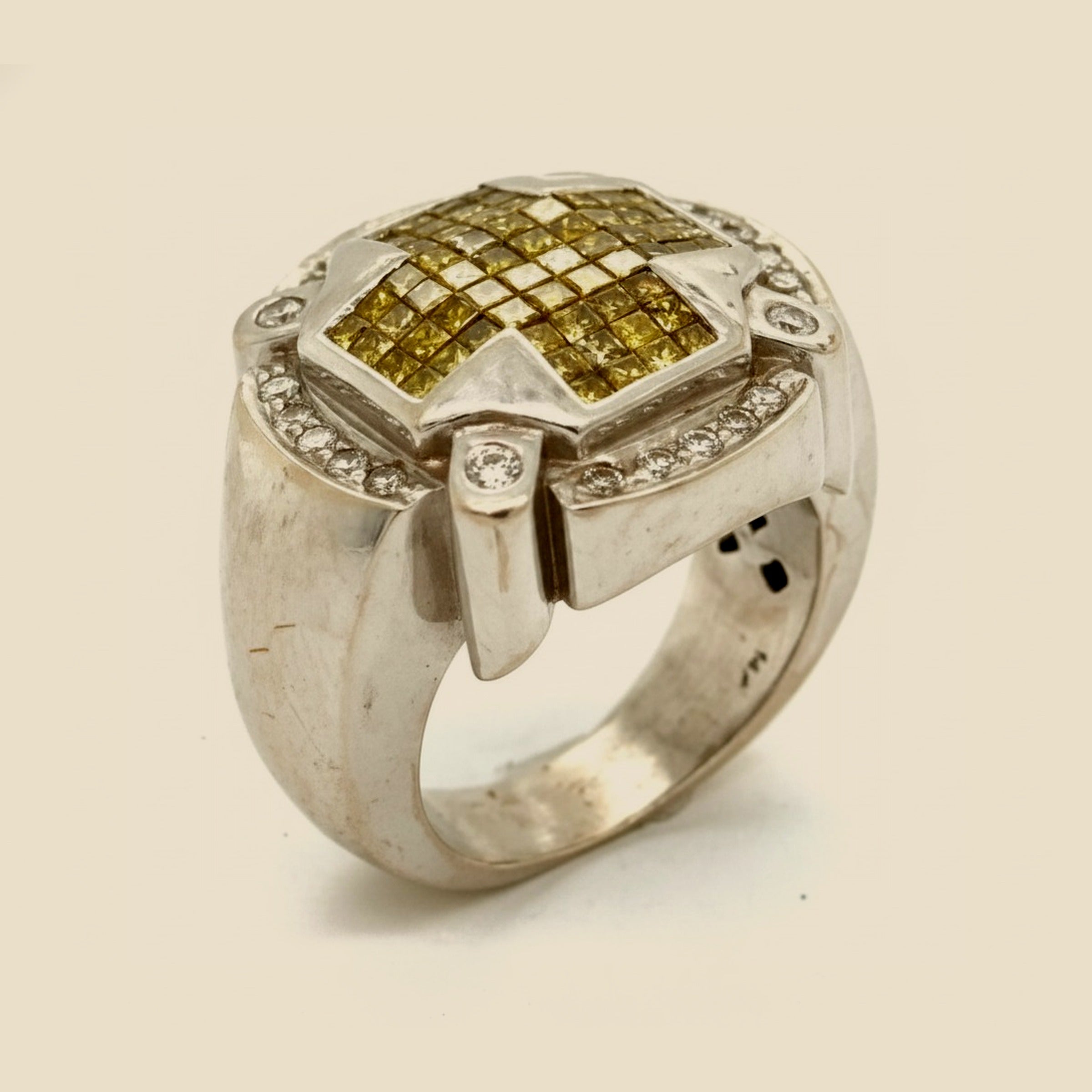 14k White Gold Diamond Cluster Shield Ring