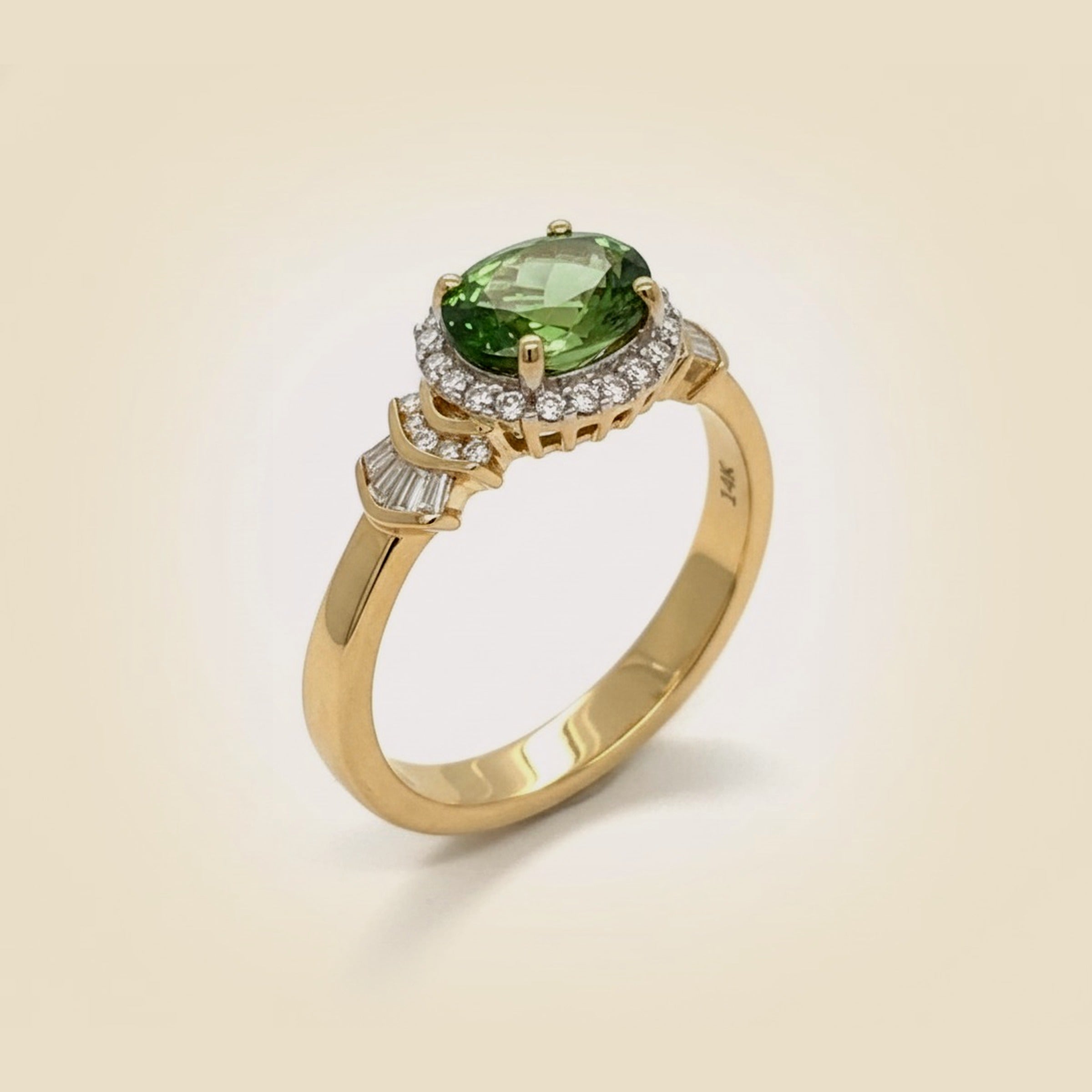 14k Yellow Gold Green Tourmaline & Diamond Cocktail Ring