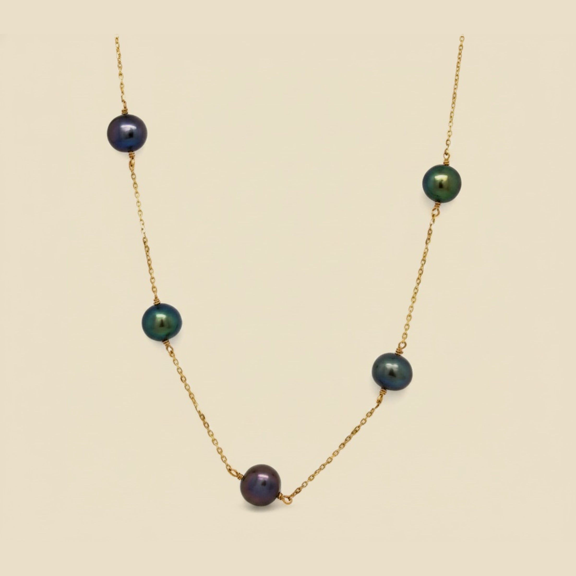 14K Yellow Gold Necklace with Black Cultured Pearls