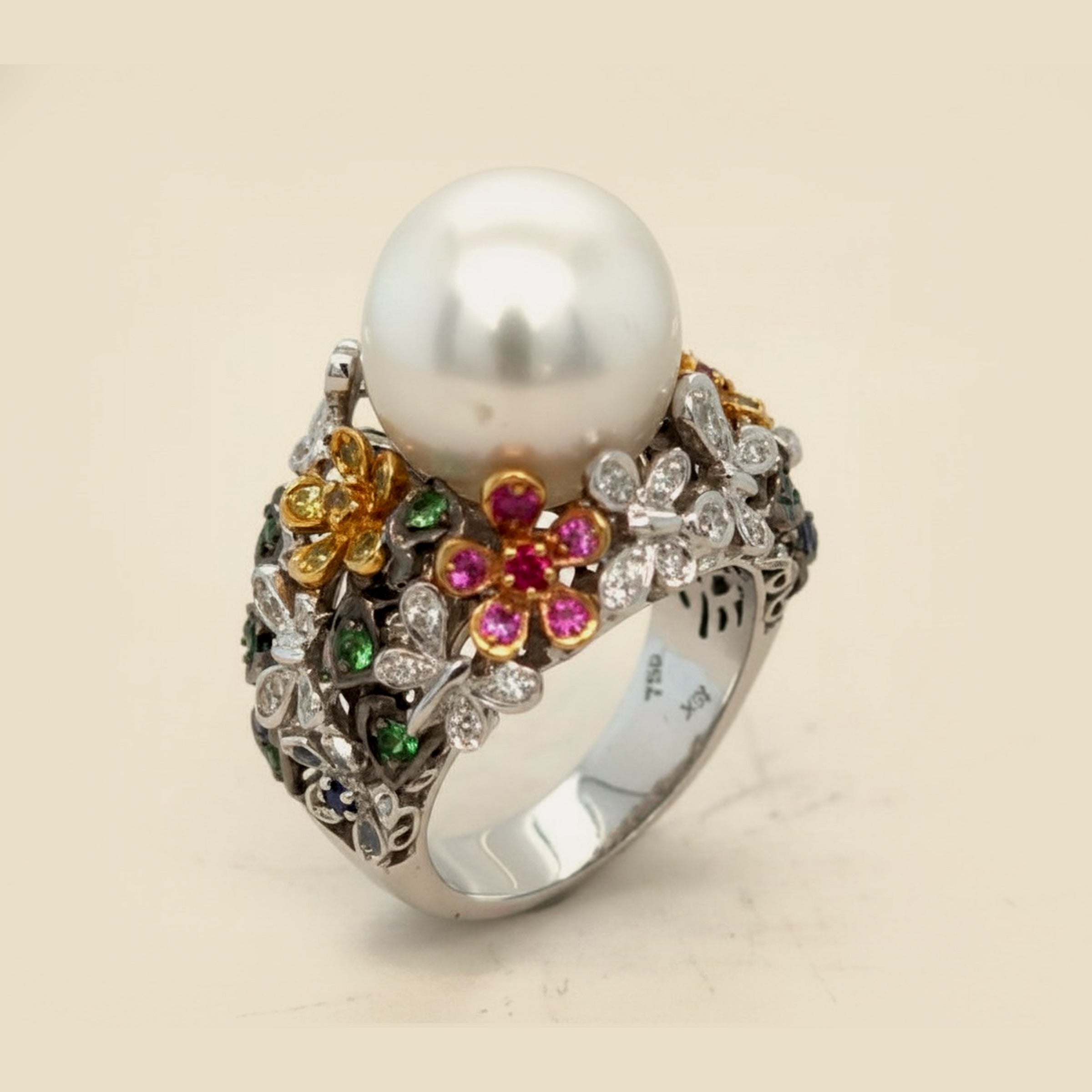 18k White Gold Multi-Color Sapphire, Diamond, And South Sea Pearl