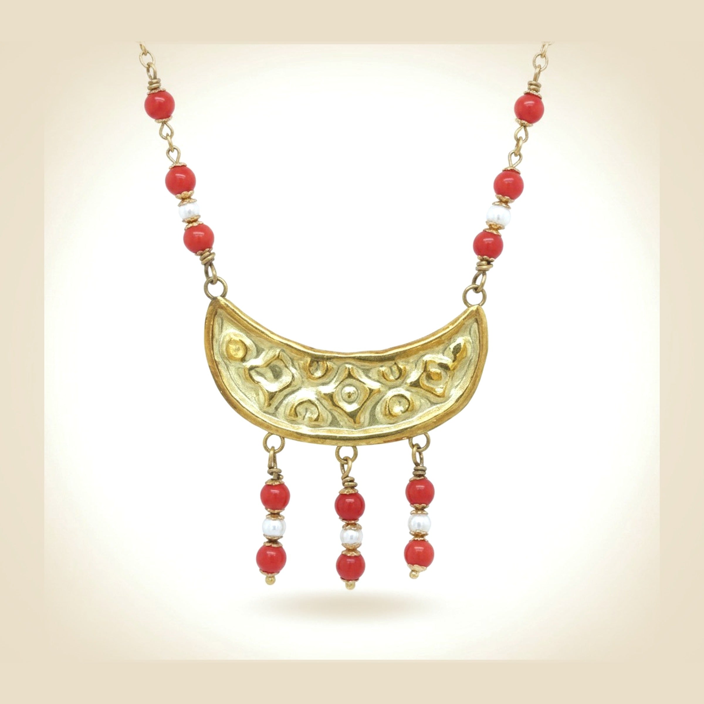 18k Yellow Gold Coral & Seed Pearl Tassle Necklace
