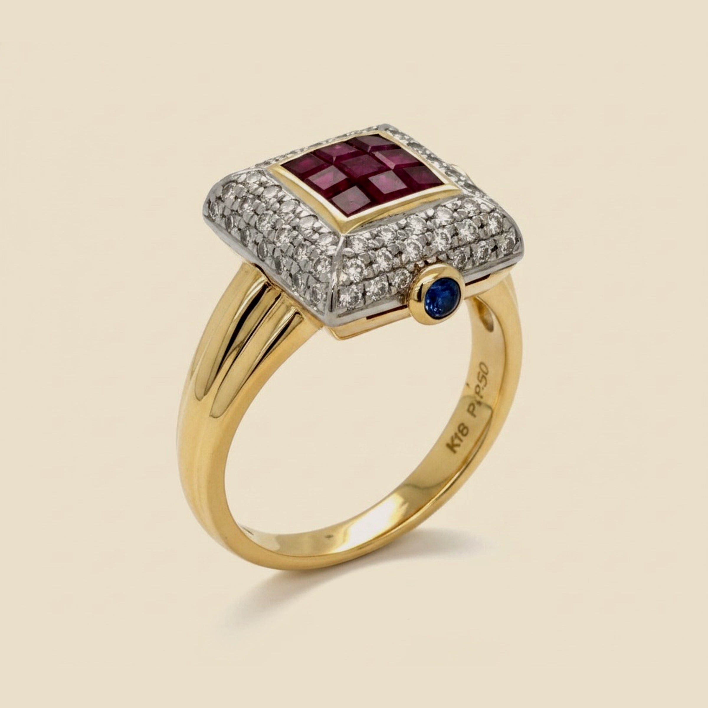 18k Yellow Gold & Platinum Ruby/Pave Diamond Cocktail Ring