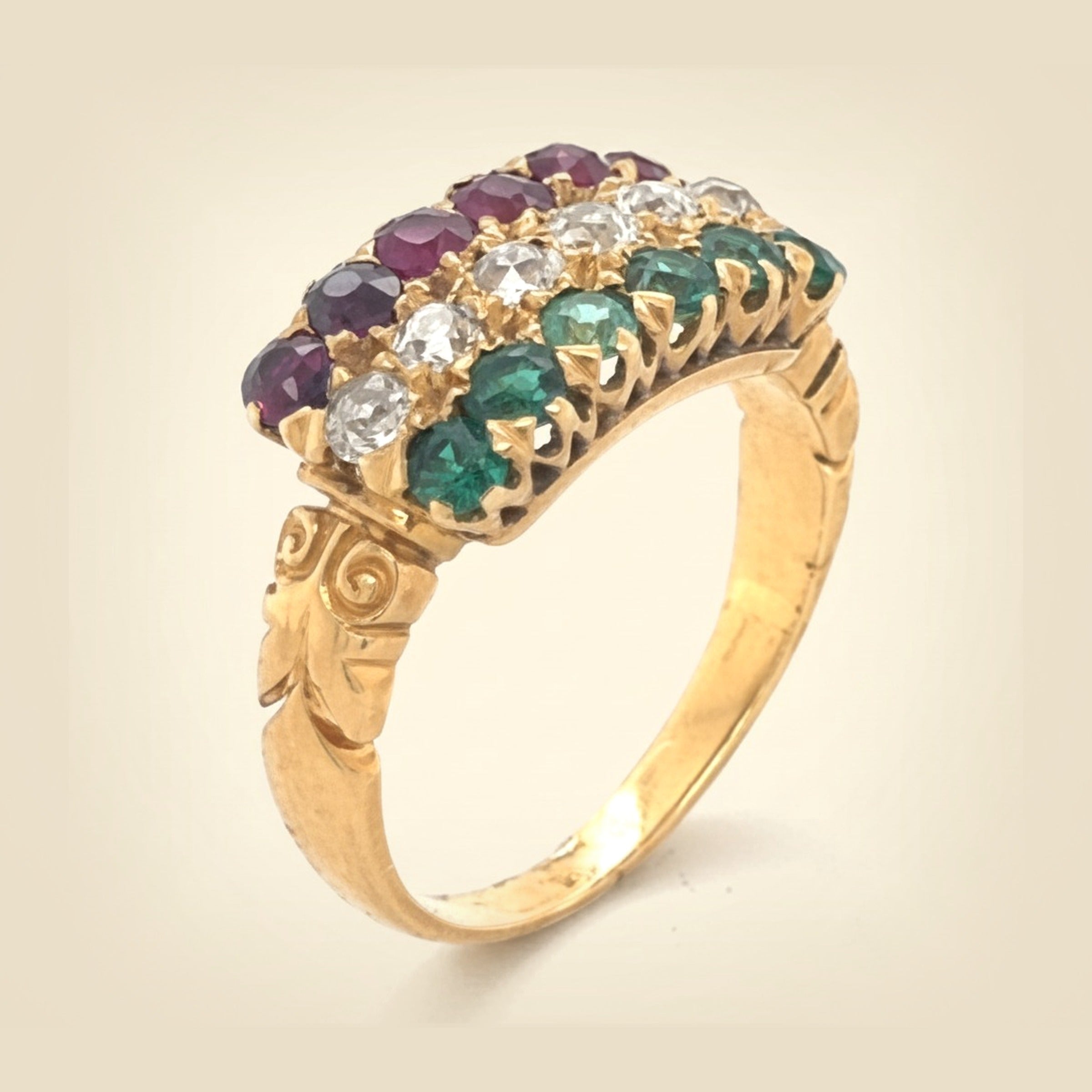 18K Yellow Gold Ruby, Emerald, and Diamond Ring