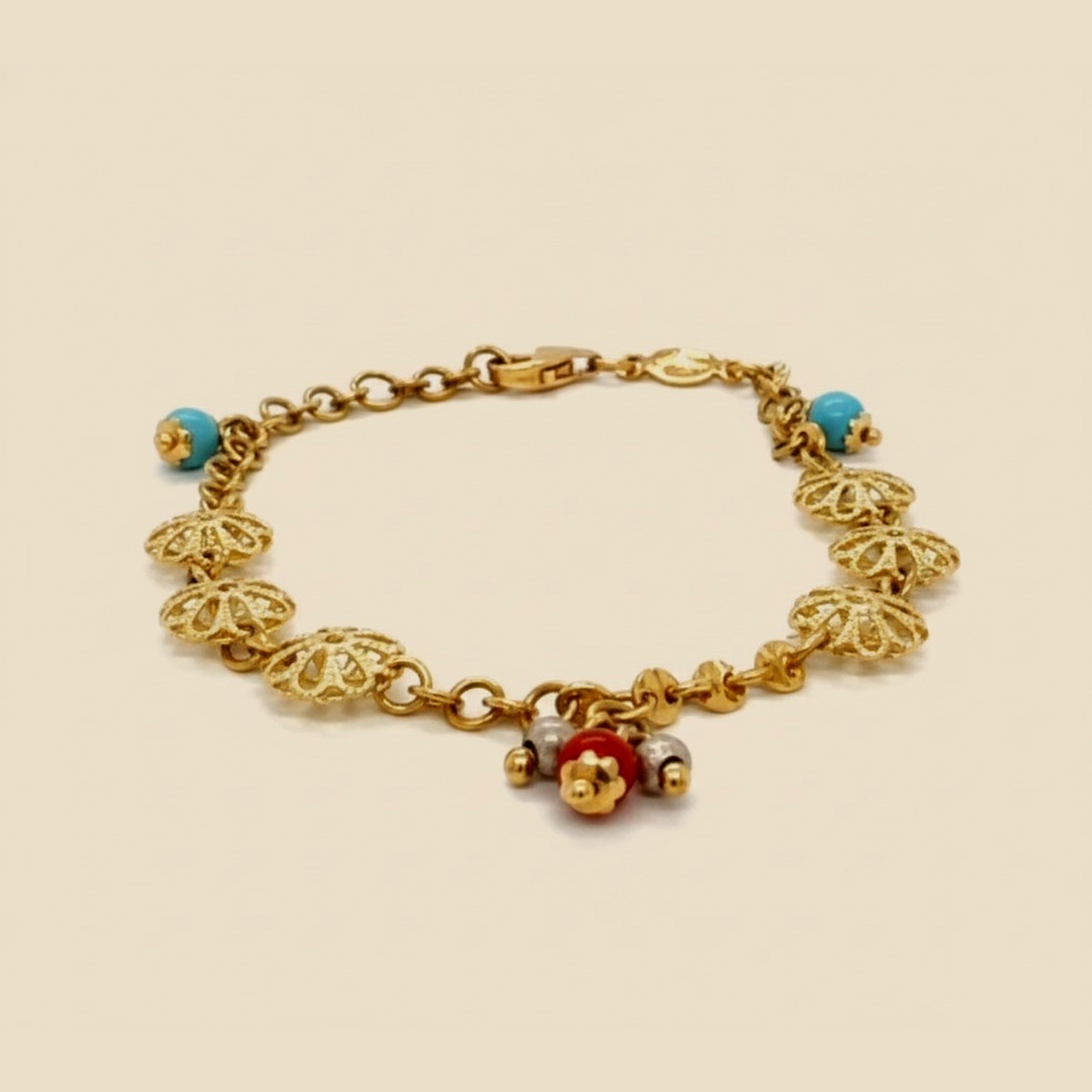 18k Yellow Gold Turquoise, Coral, and Seed Pearl Bracelet