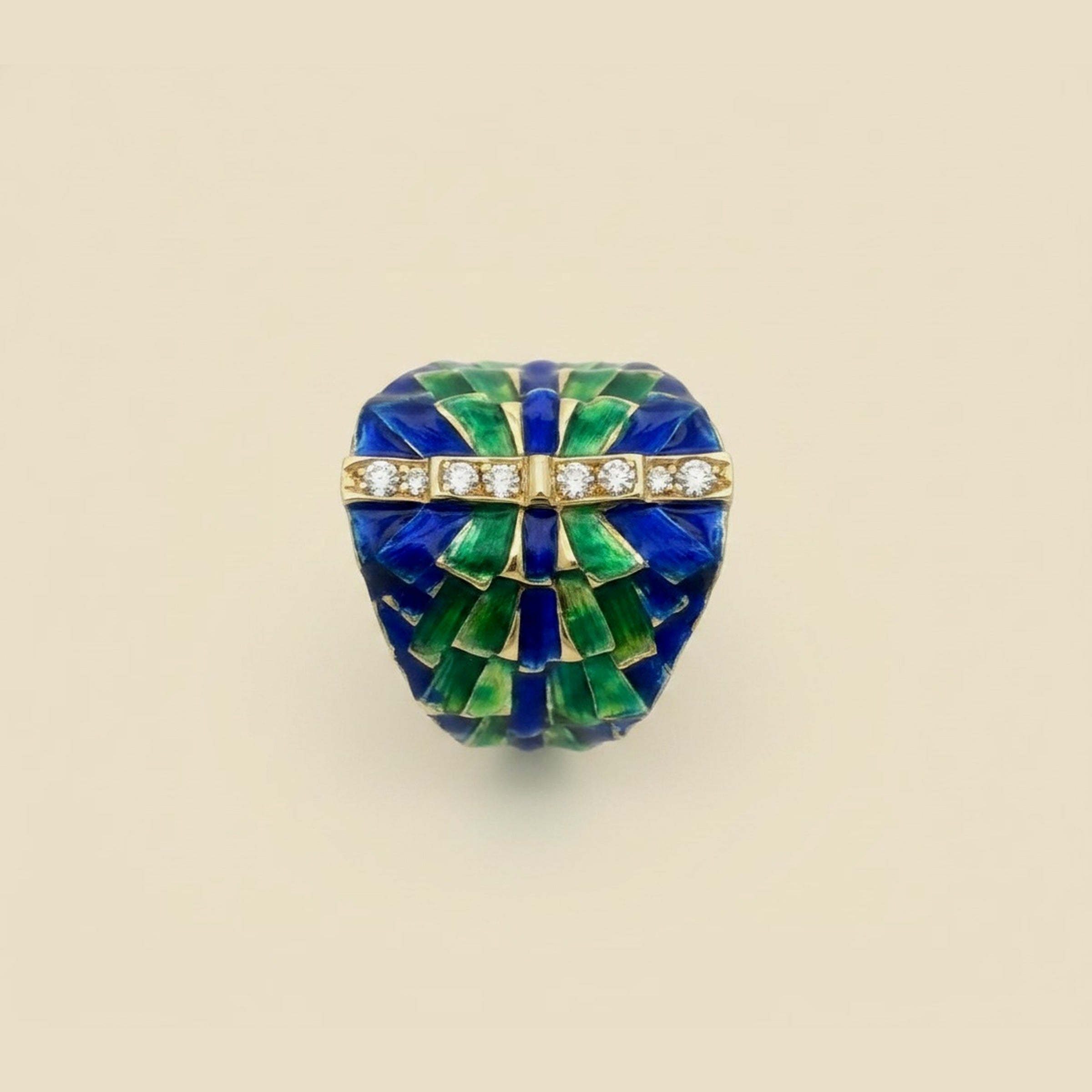 1960's Green/Blue Enamel 14k Yellow Gold Diamond Ring