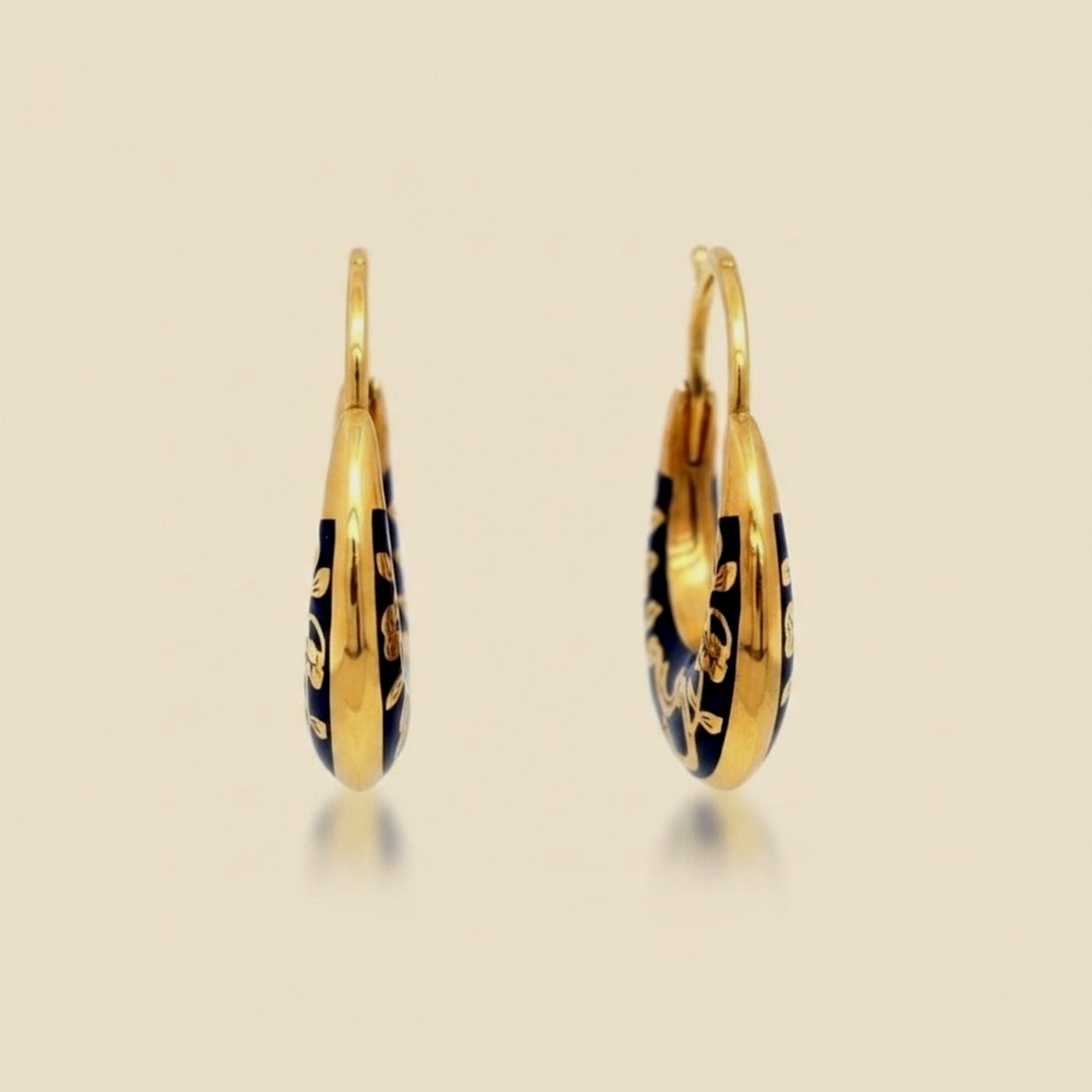 22k Yellow Gold Enamel Flower Hoop Earrings