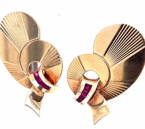 Retro Moderne Yellow Gold Ruby Ear Clips – Empire Diamond – view 3