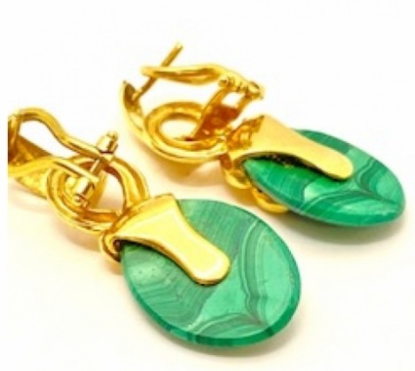 Heavy Yellow Gold Lapis Lazuli or Malachite Dangling Earrings – Empire Diamond – view 2