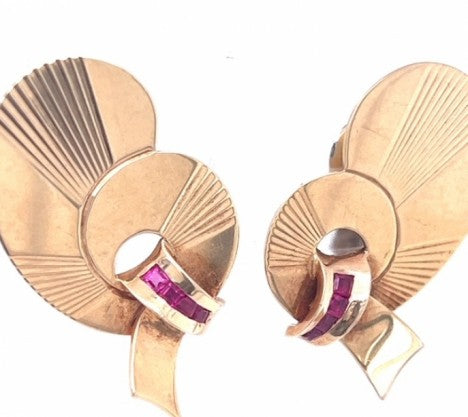 Retro Moderne Yellow Gold Ruby Ear Clips – Empire Diamond