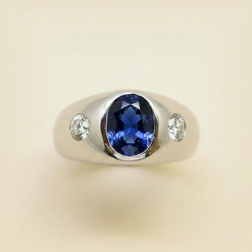 Gent's Platinum Bezel Set Sapphire & Diamond Ring
