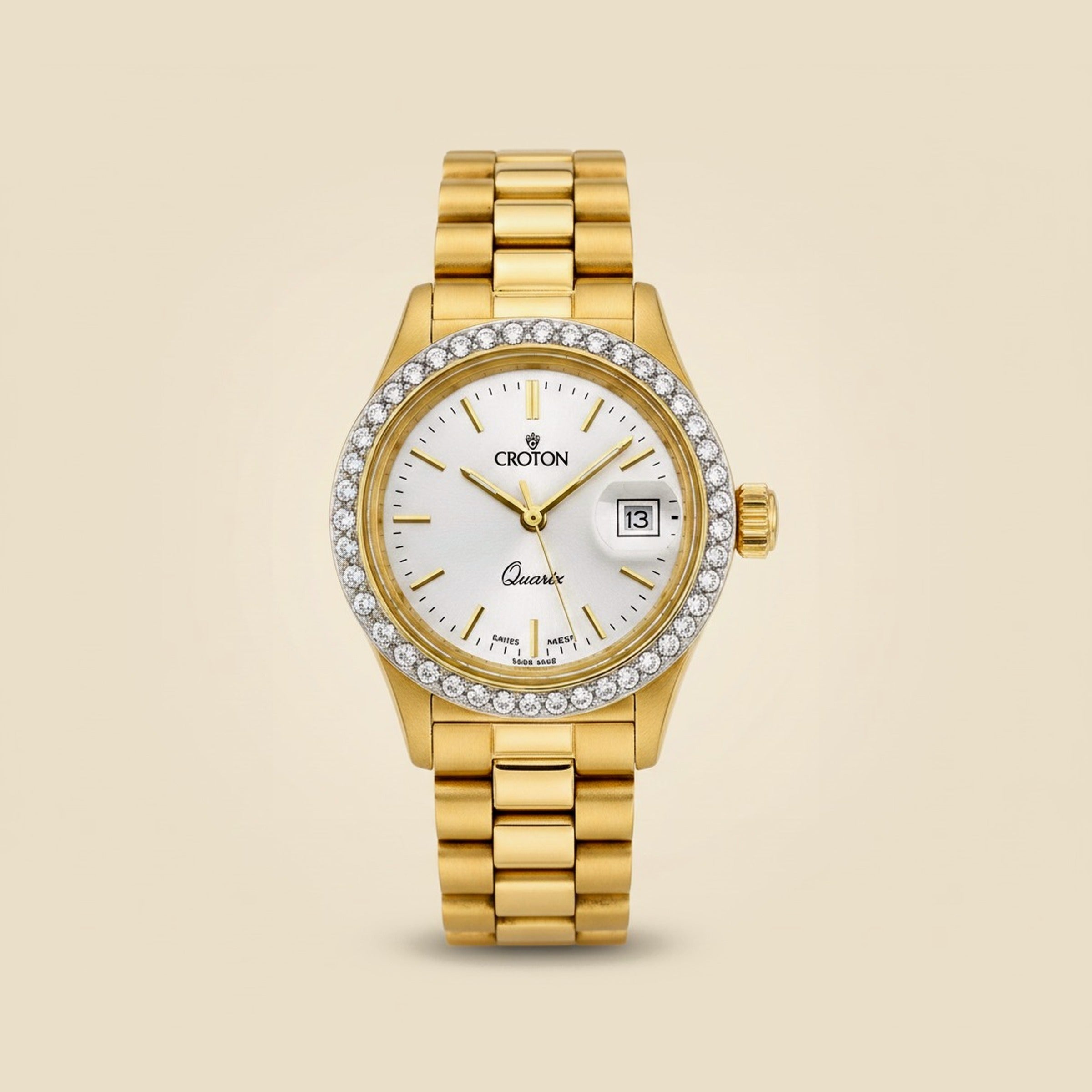 Croton, Italy, Yellow Gold Quartz Wrist Watch with Diamond Bezel – Empire Diamond