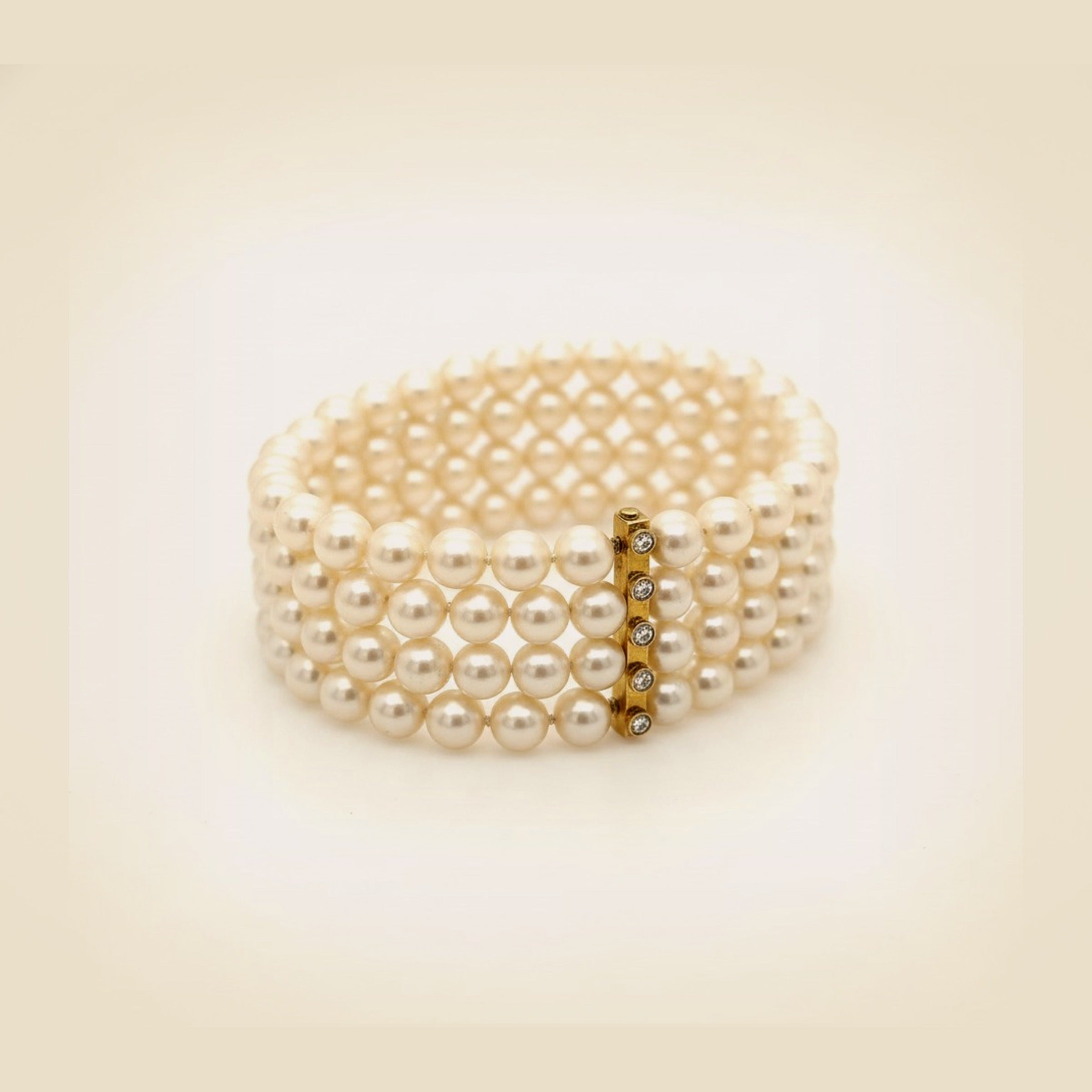 Eight Row Wide Cultured Pearl and Diamond Bracelet