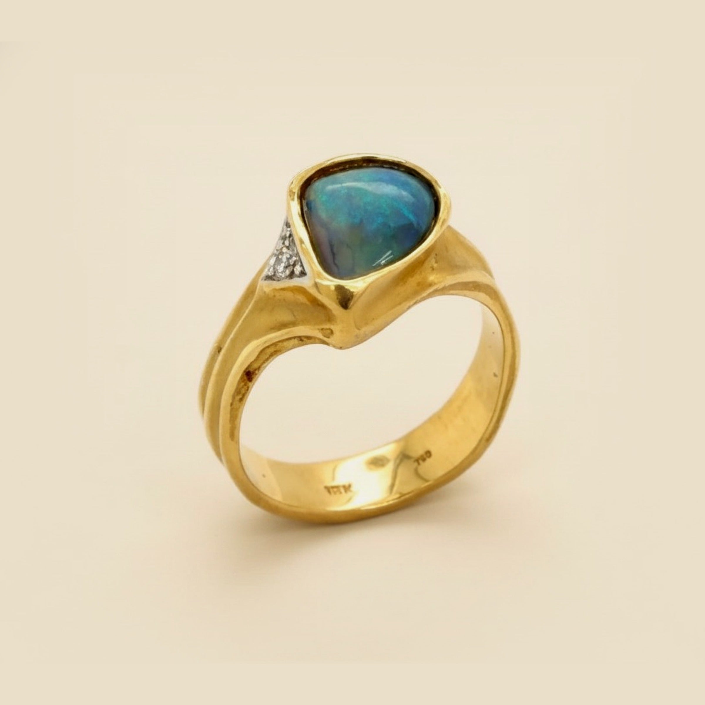 Hand Crafted 18k Yellow Gold Opal & Diamond Ring