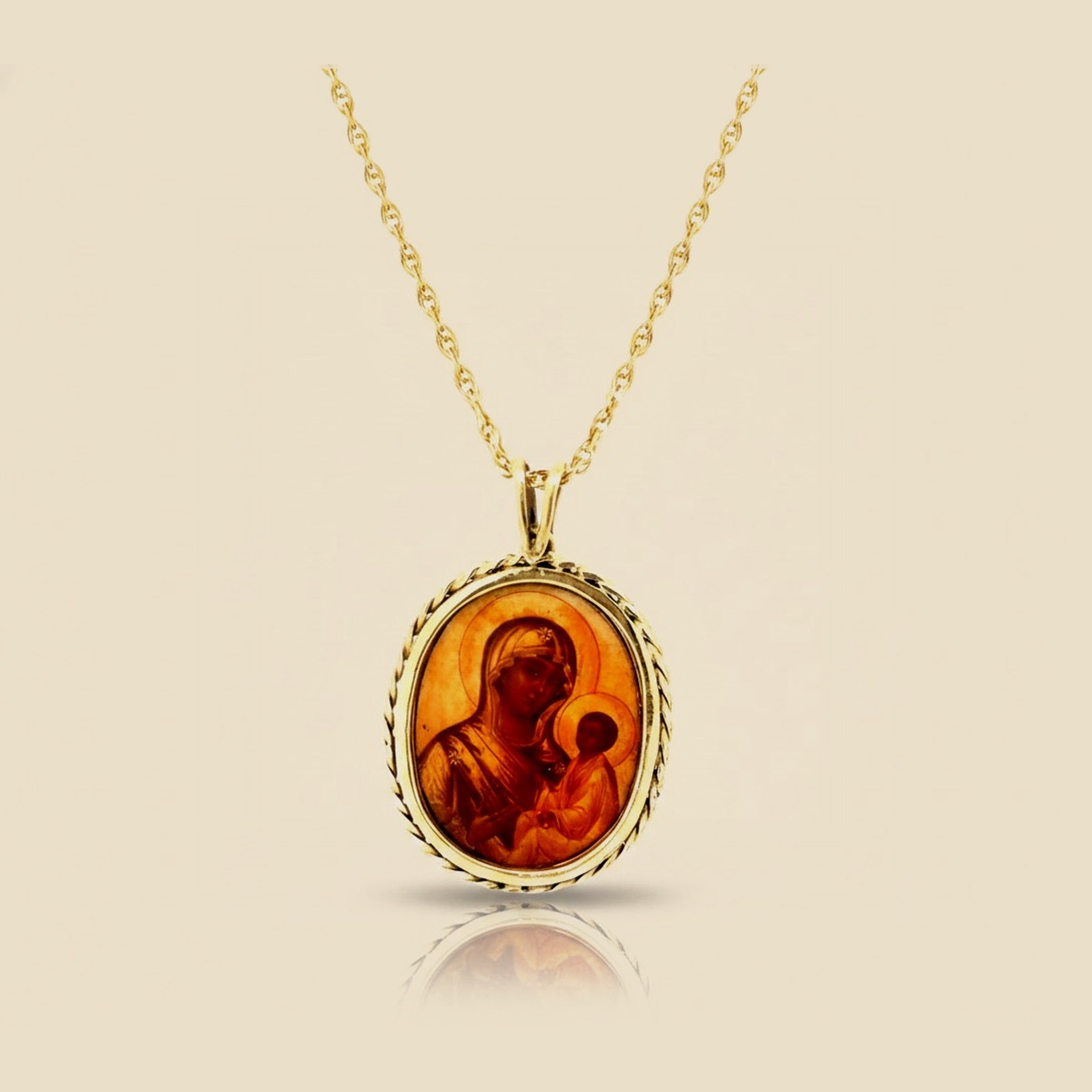Madonna And Child Hand Painted Miniature 14k Yellow Gold Pendant