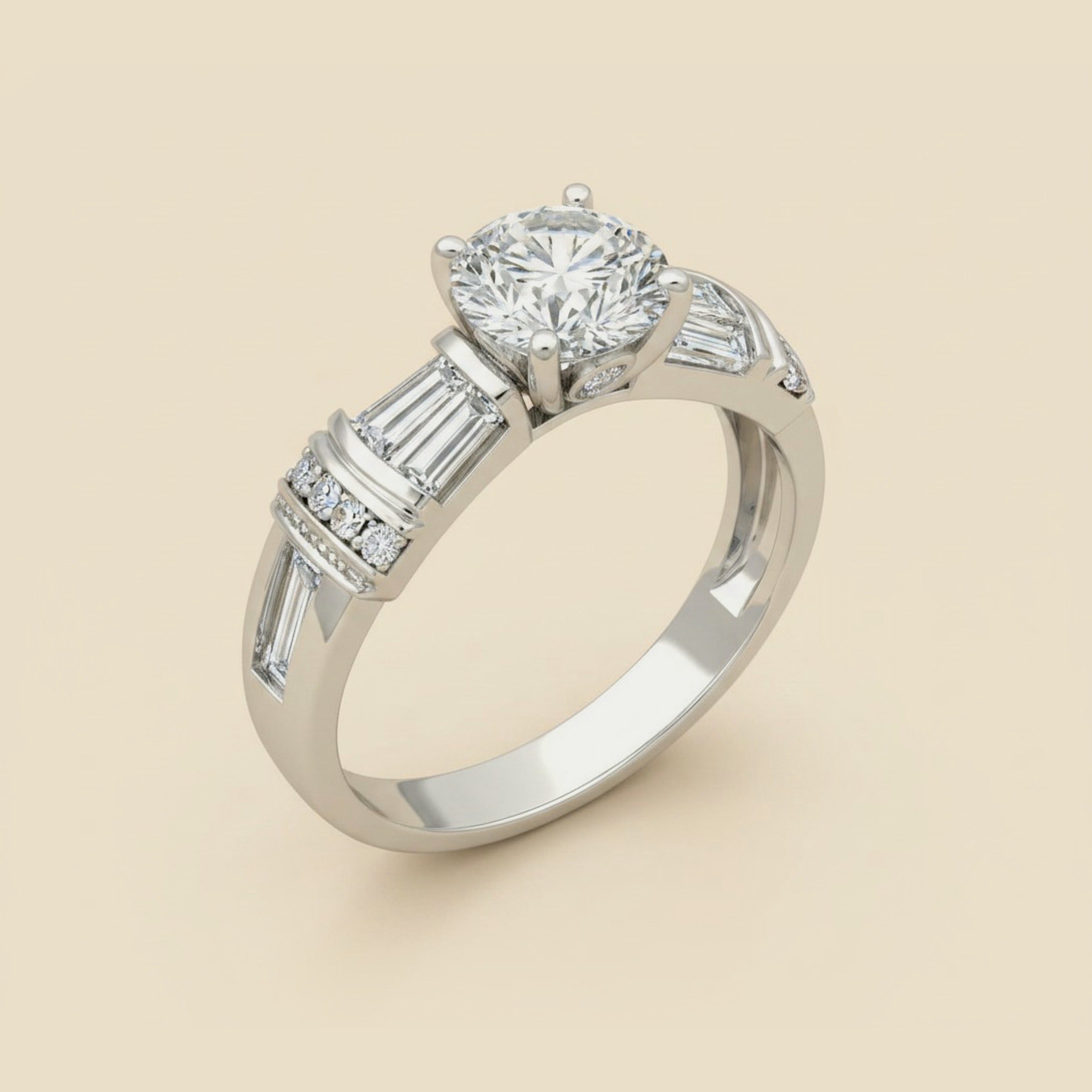 Platinum Engagement Ring - 6 Tapered Baguettes & 6 Round
