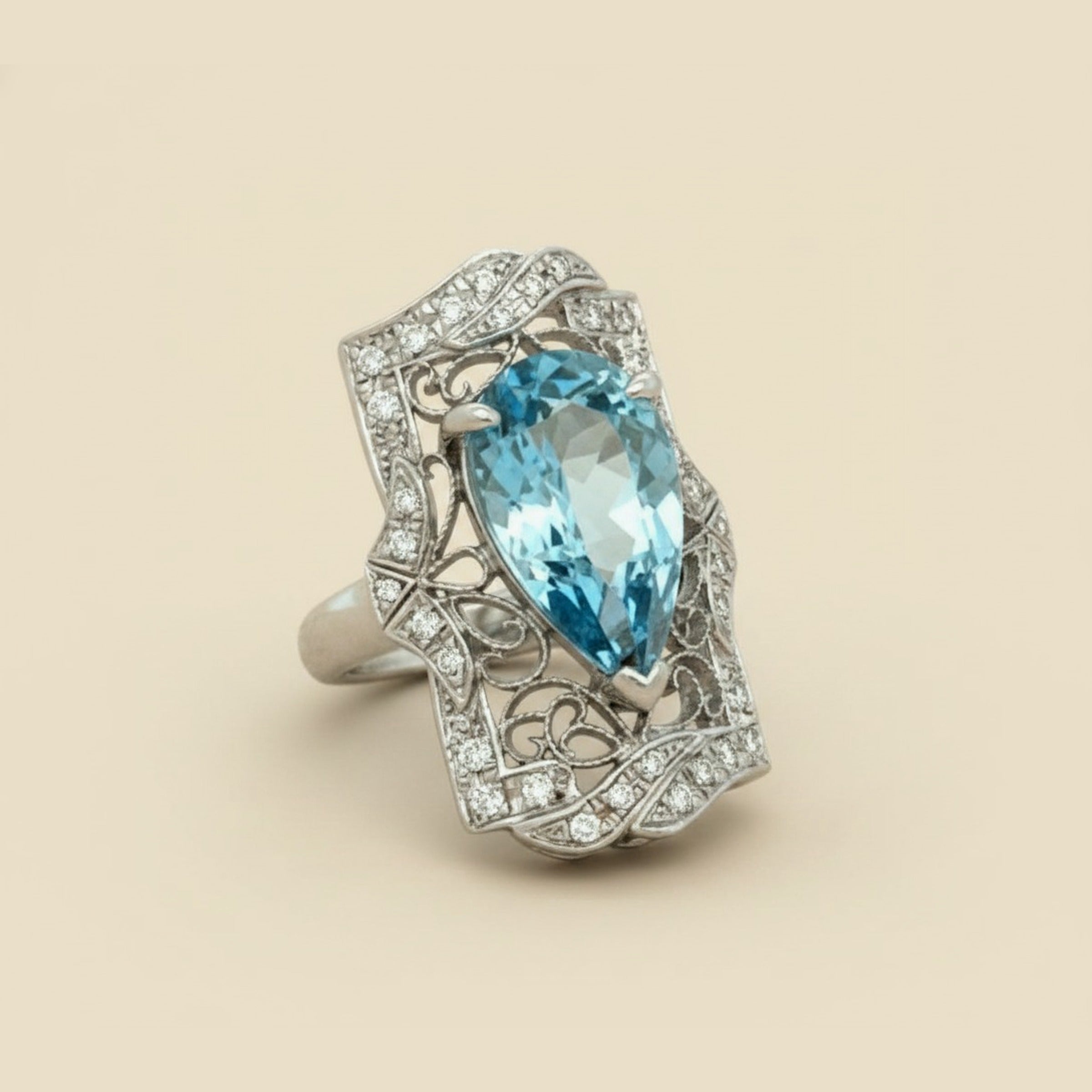Platinum Handmade Art Deco Style Filigree Aquamarine & Diamond Dinner – Empire Diamond
