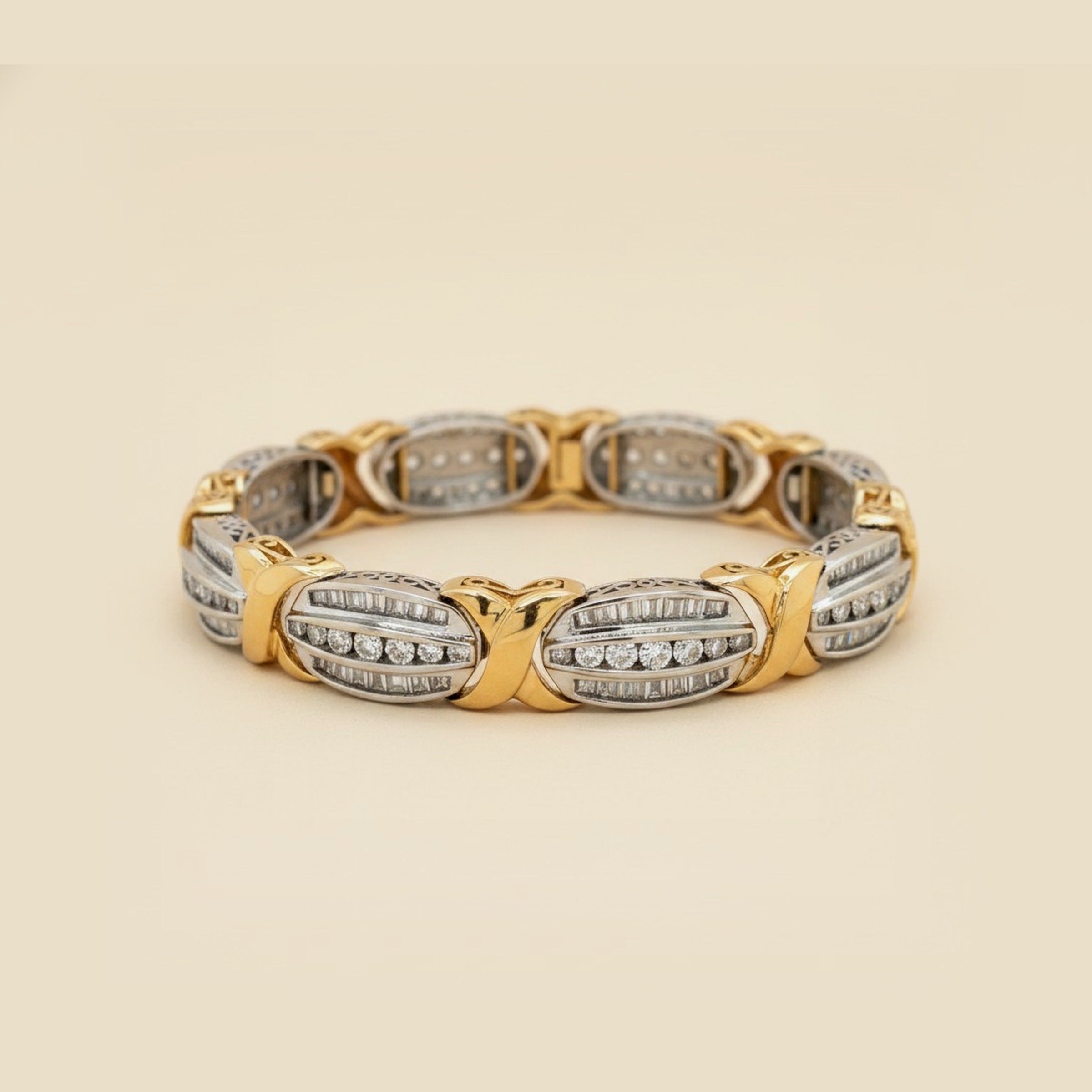 Two Tone 14k "X" & Three Row Diamond Link Bracelet