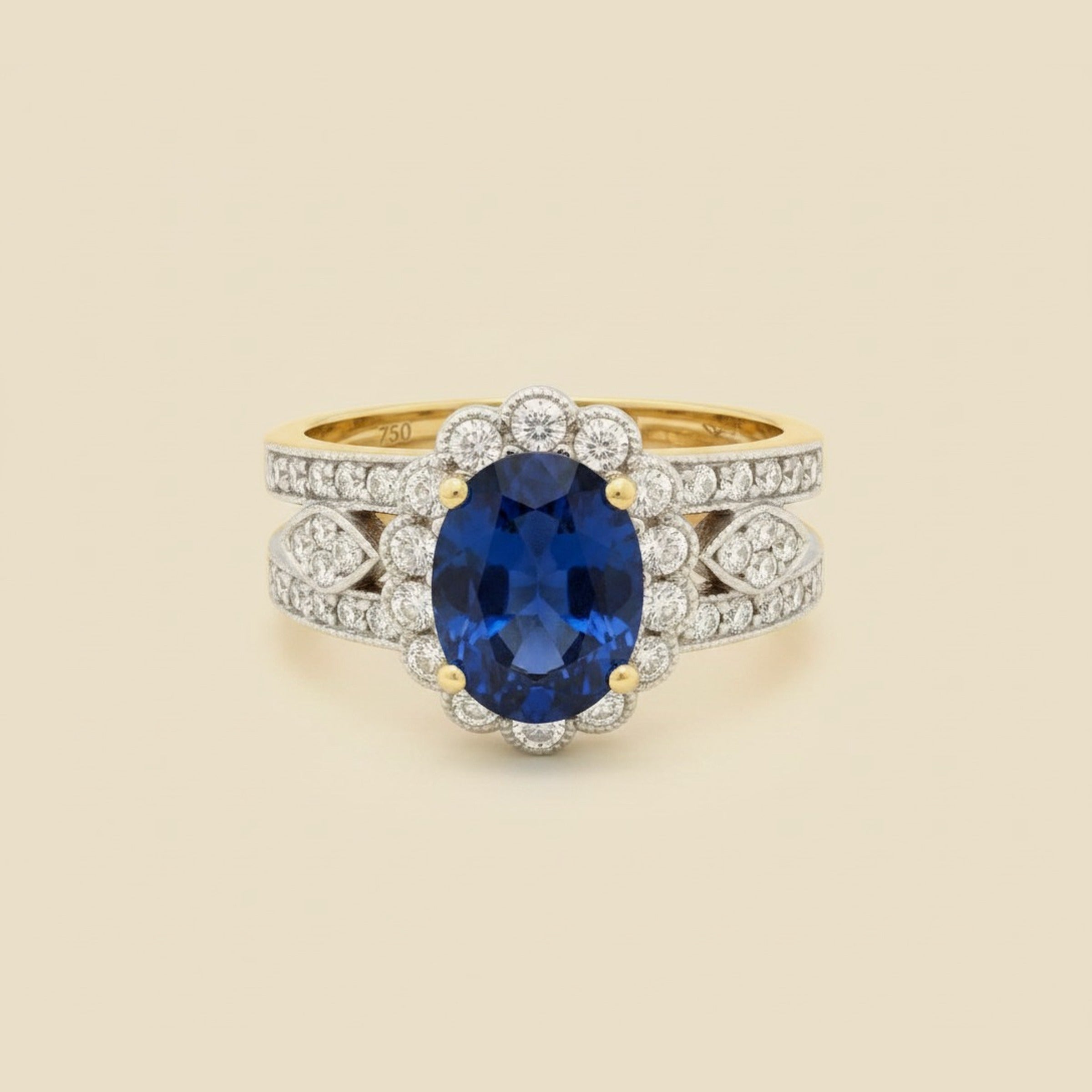 Two Tone 18k Natural Sapphire & Diamond Cocktail Ring