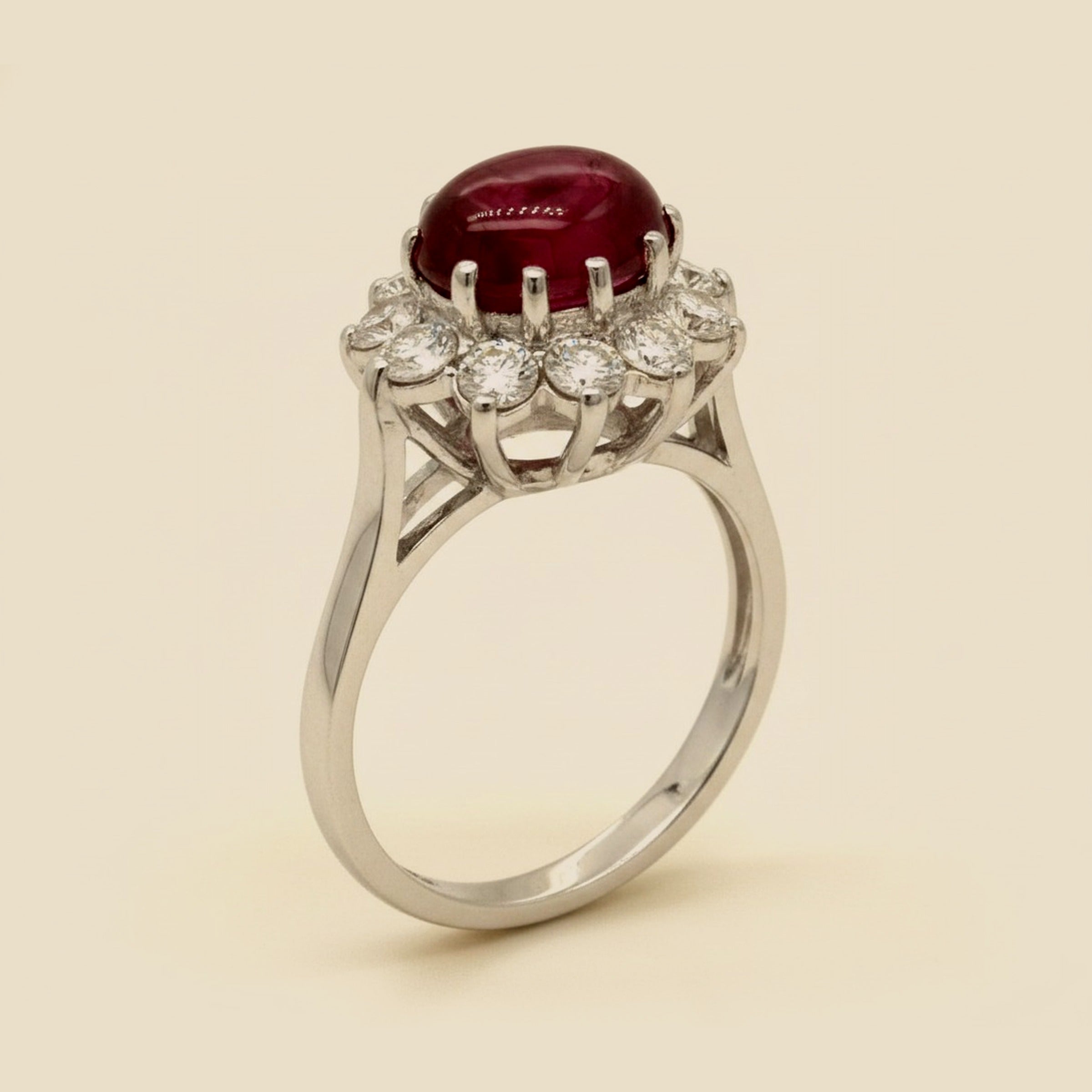 White Gold Cabochon Ruby/Diamond Cocktail Ring