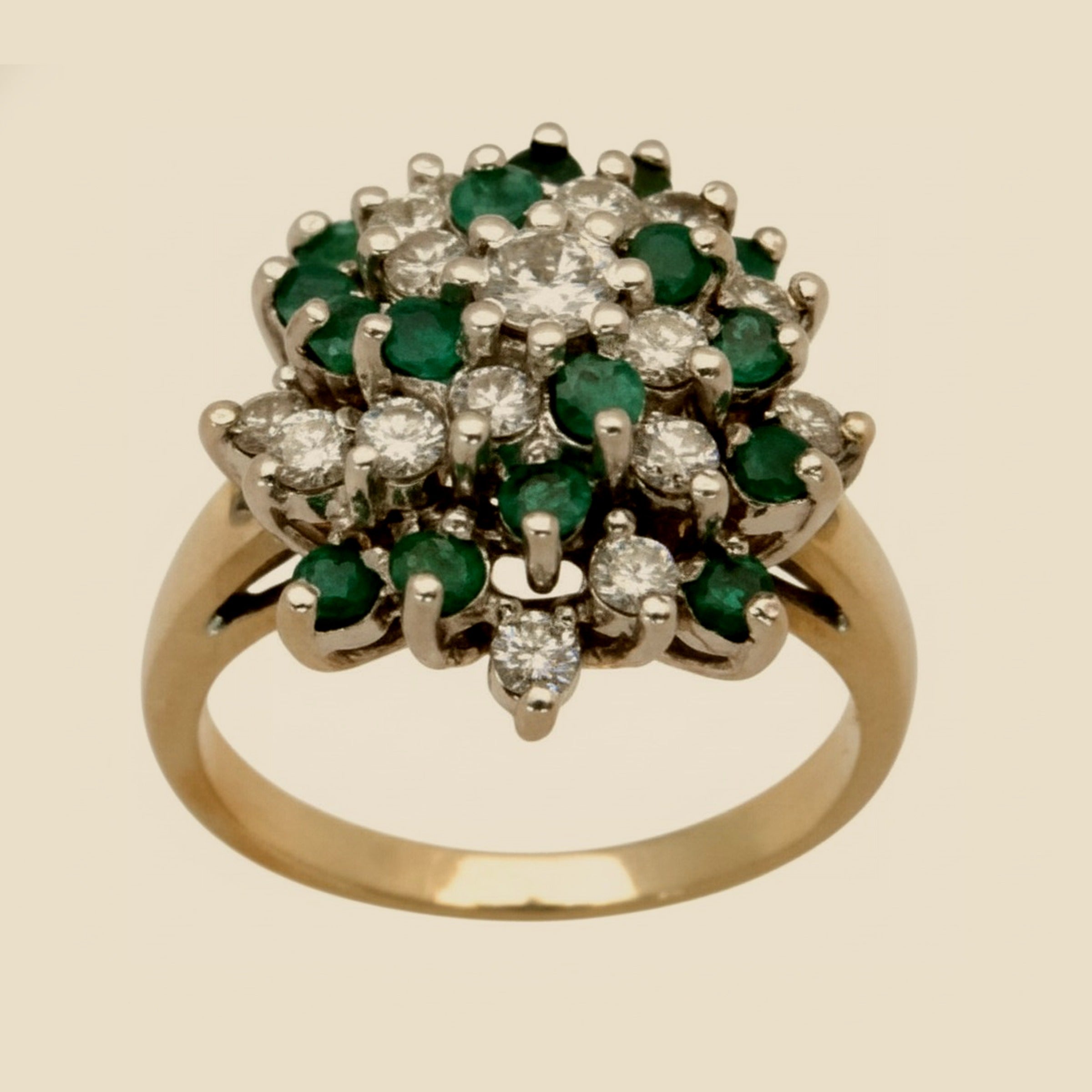 White Gold Diamond and Emerald Pinwheel Cocktail Ring