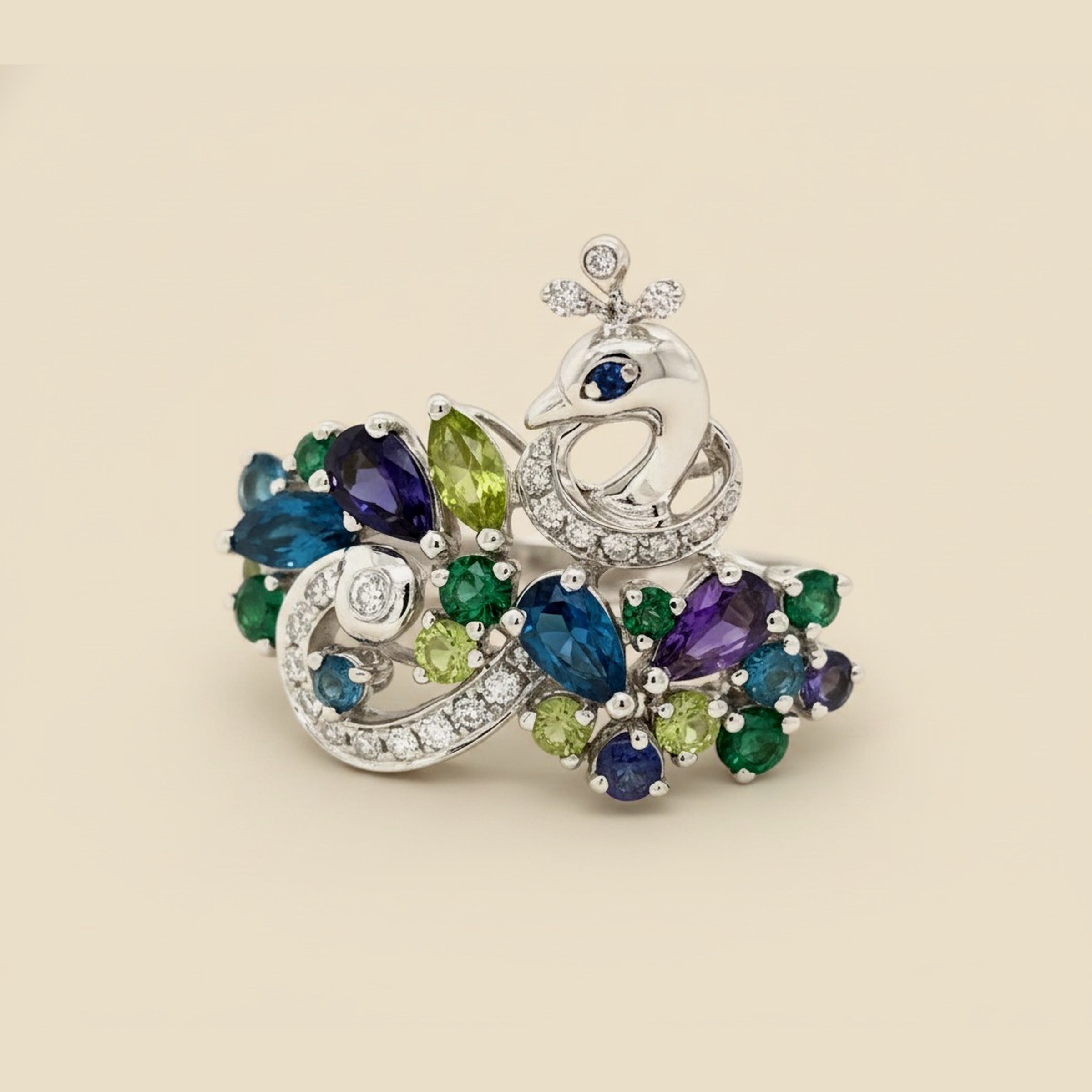 White Gold Multi Color Gemstone & Diamond Peacock Ring