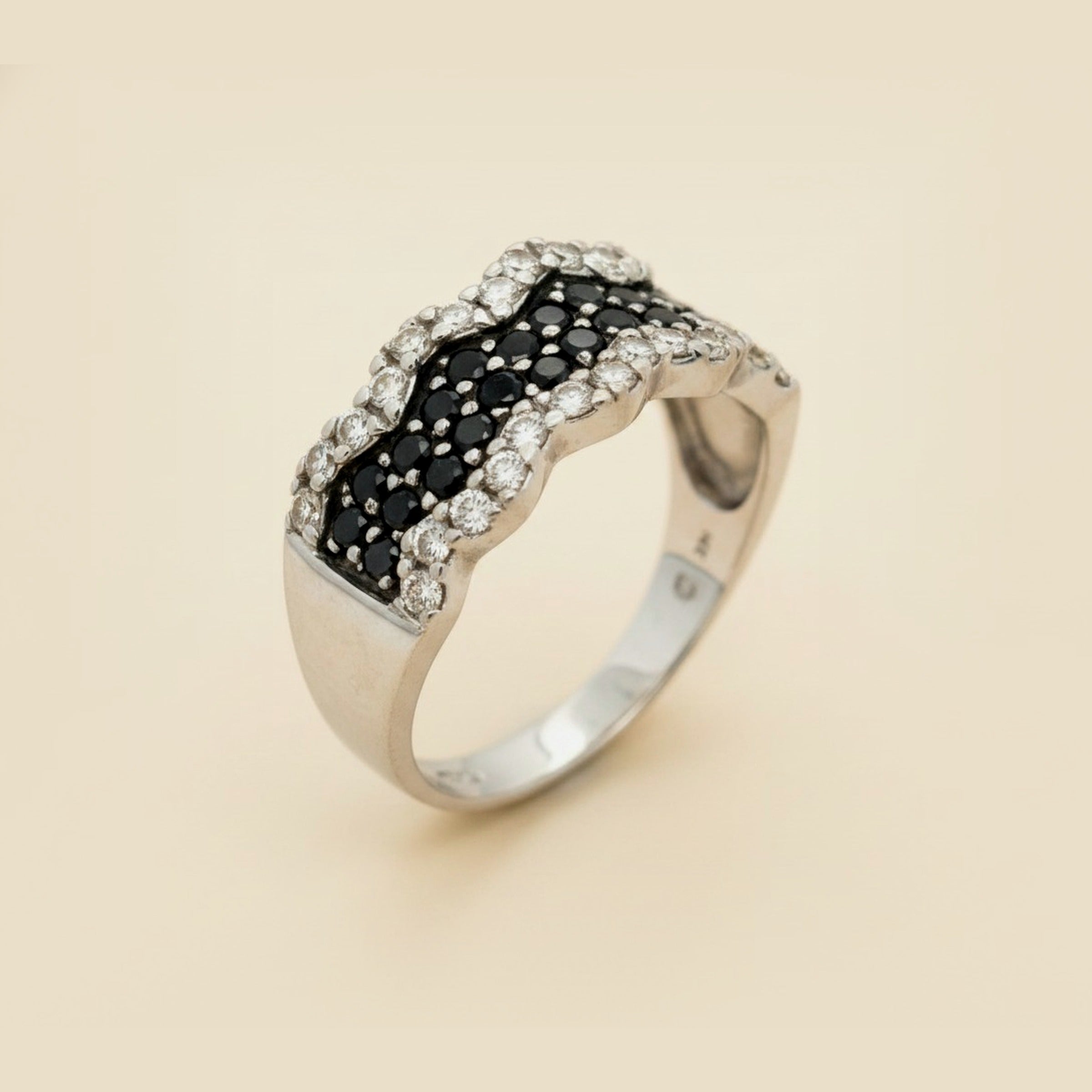 White Gold Wavy Three Row Black and White Diamond