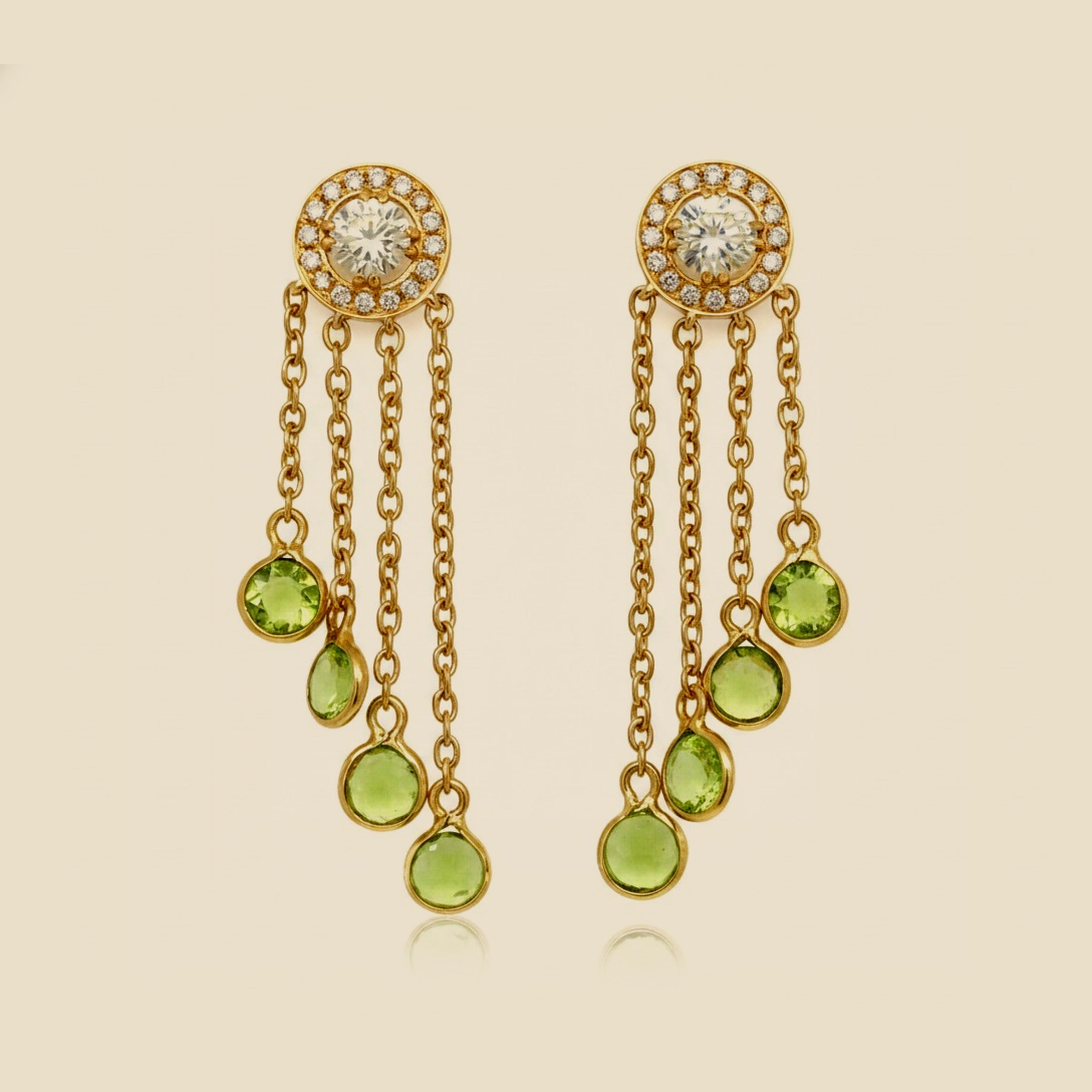 Yellow Gold 18k Diamond Halo & Peridot Chandelier Earrings