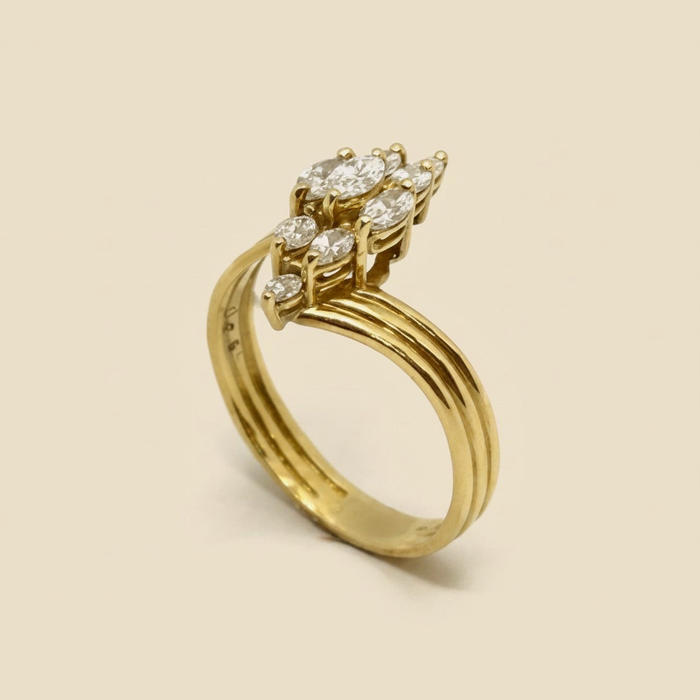 Yellow Gold Asymetrical Diamond Ring with Marquise Stones