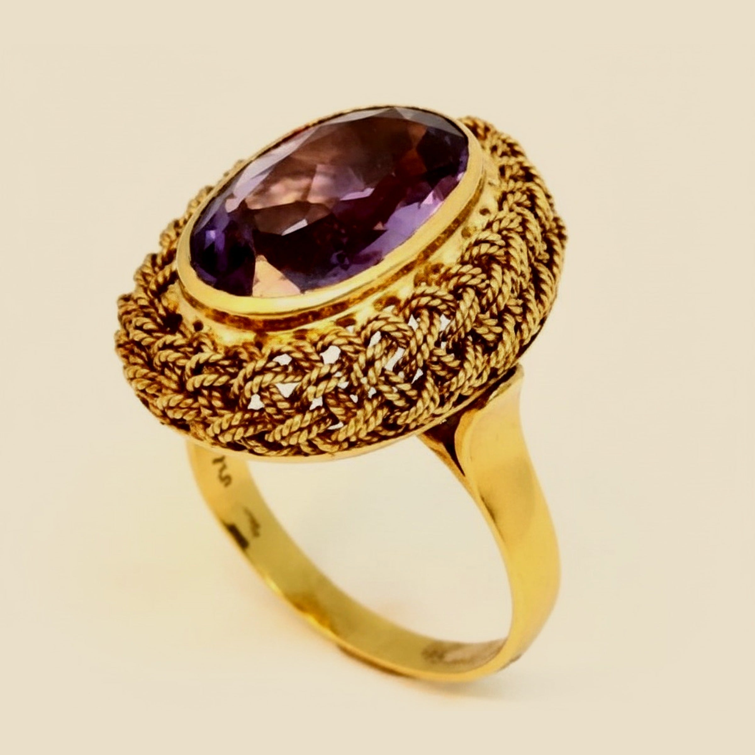 Yellow Gold Basketweave Design Bezel Set Amethyst Cocktail Ring – Empire Diamond