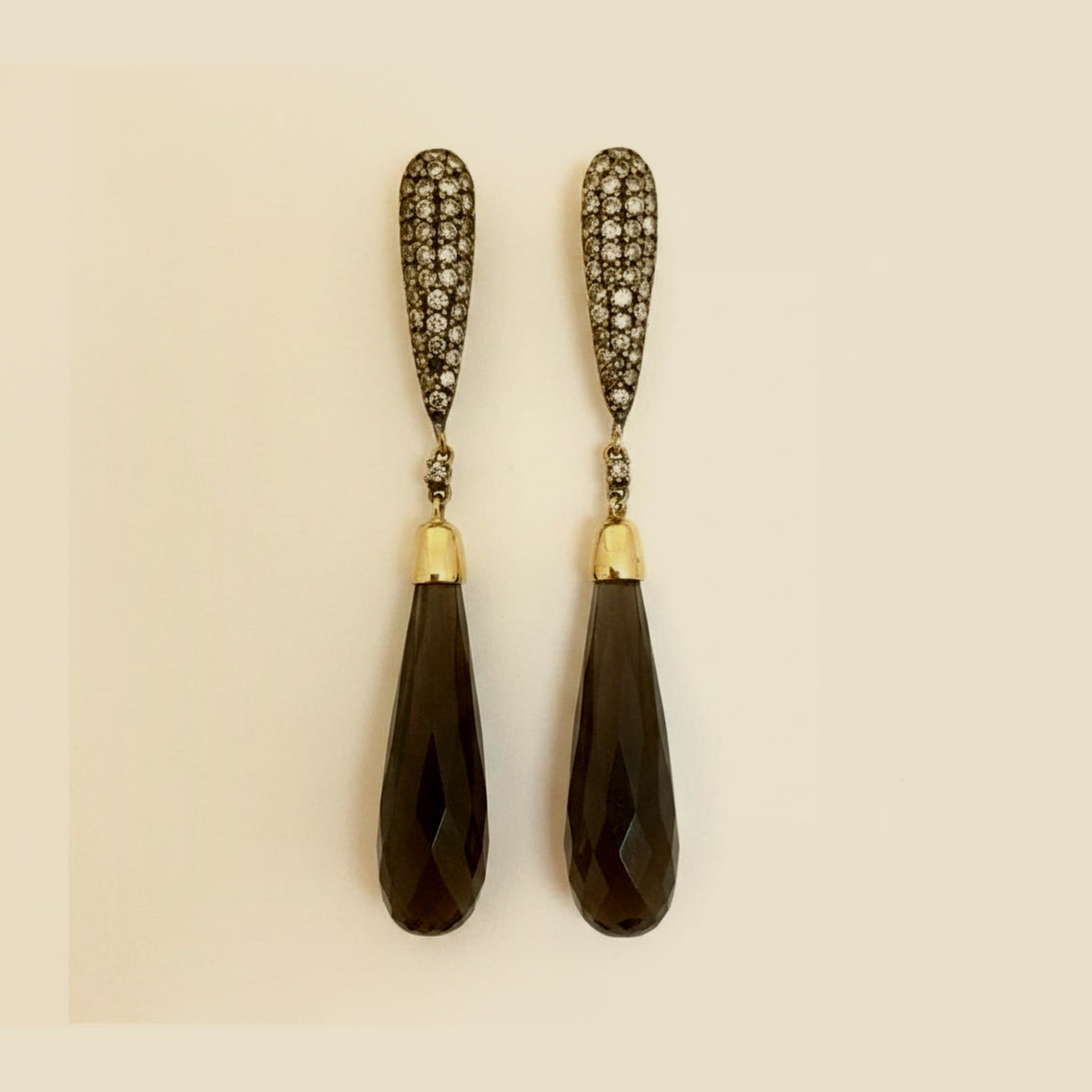Yellow Gold Chocolate Diamond Teardrop & Briolette Smokey Topaz