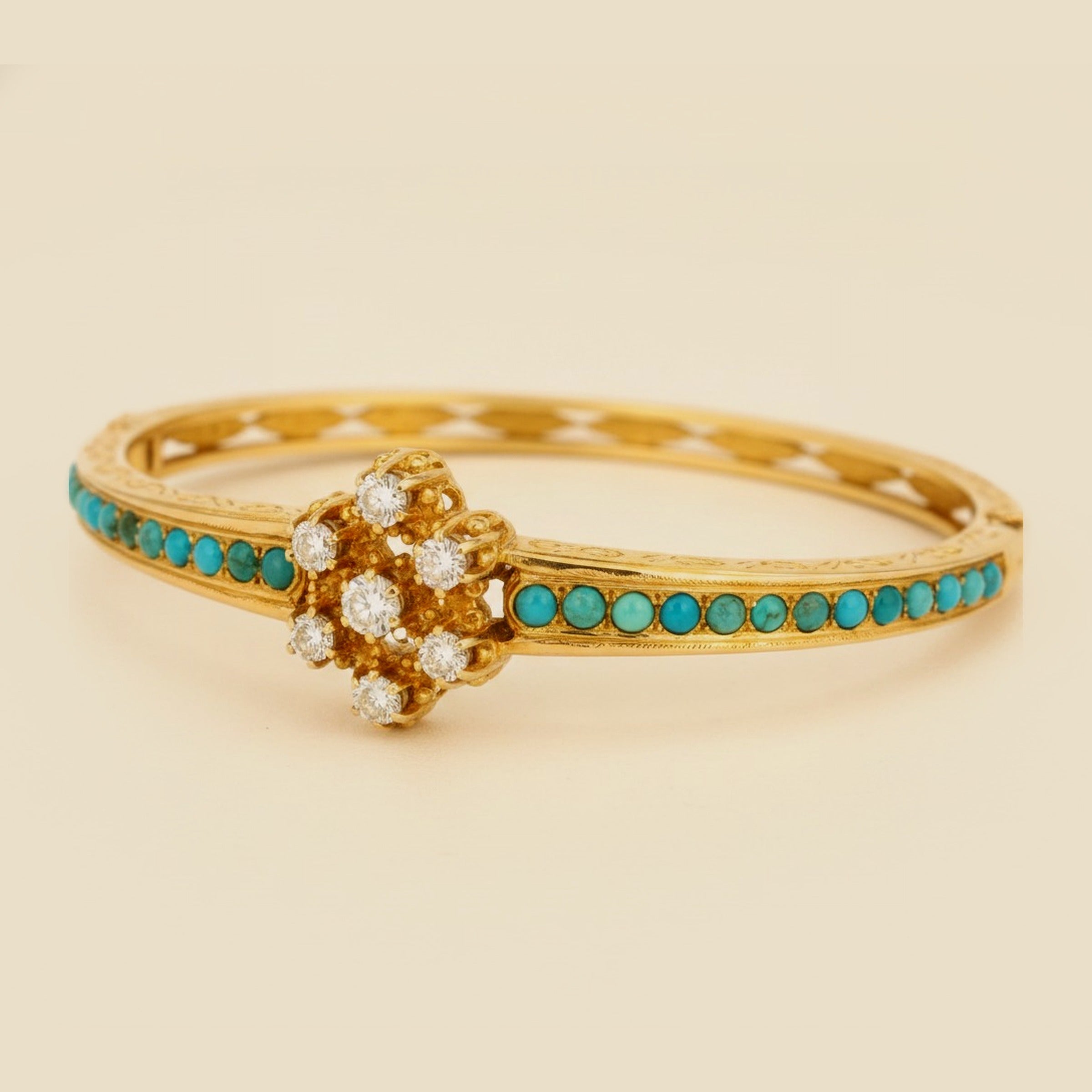 Yellow Gold Decorative Diamond and Turquoise Bangle Bracelet