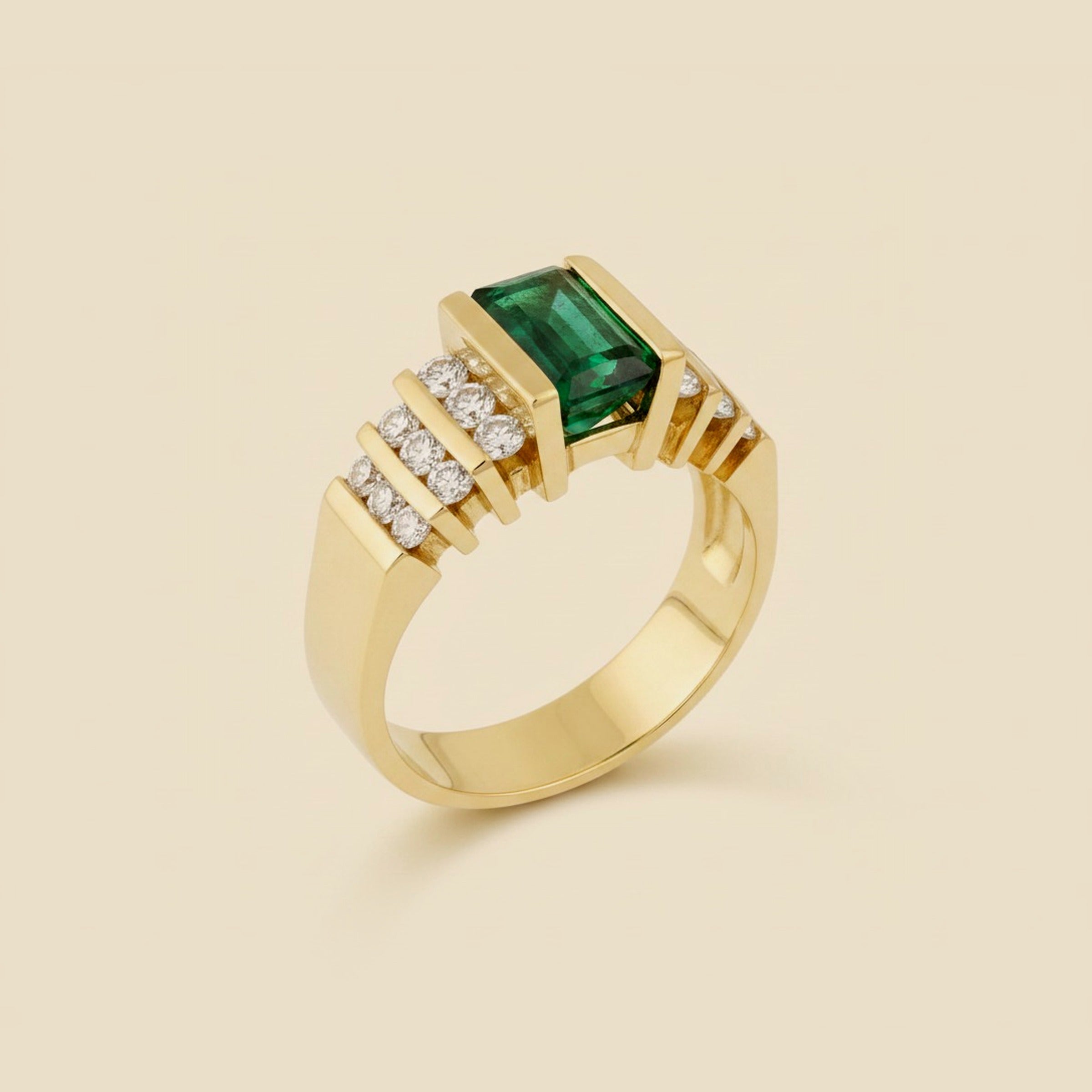 Yellow Gold Emerald & Diamond Staircase Ring – Empire Diamond