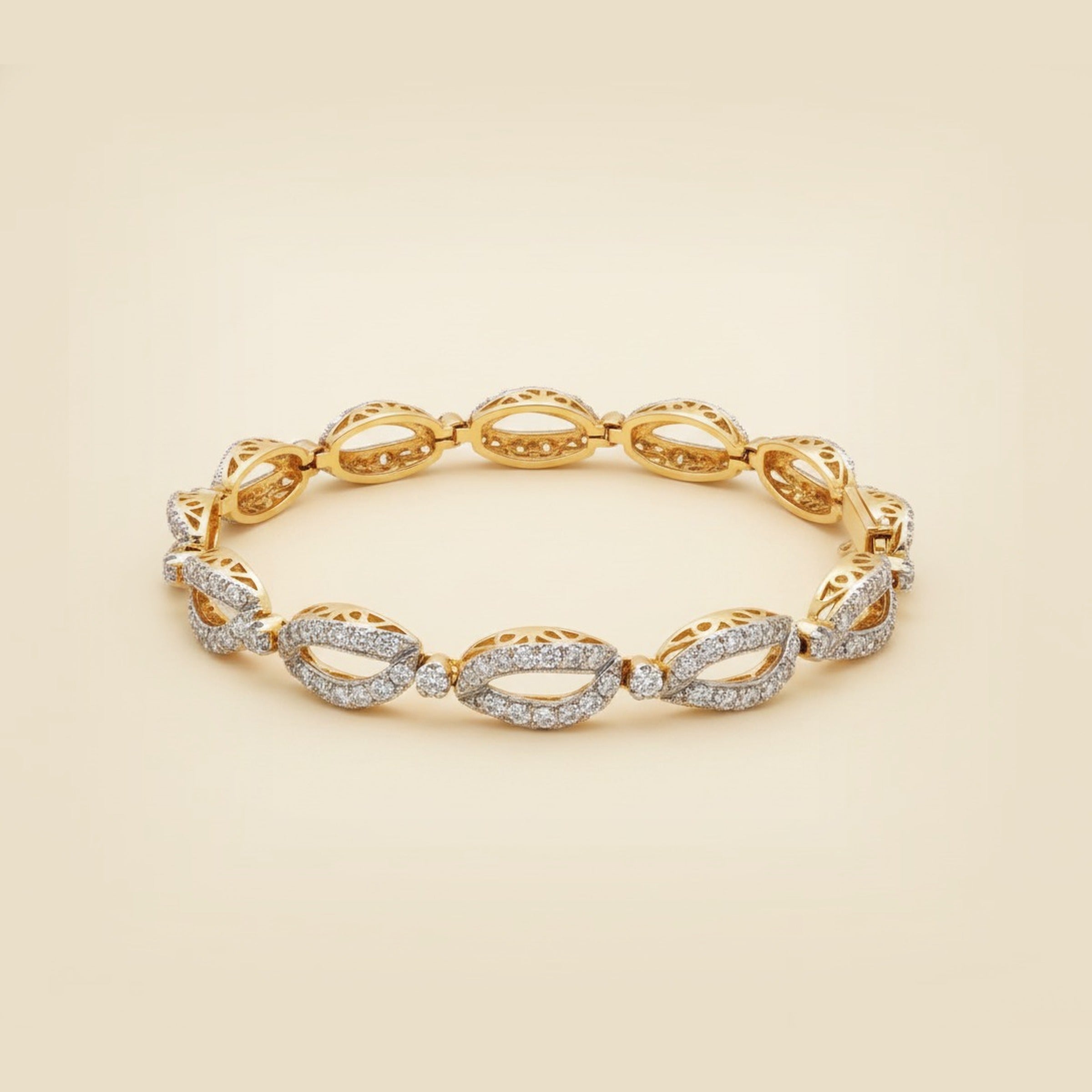 Yellow Gold Fancy Open Oval Link Diamond Bracelet