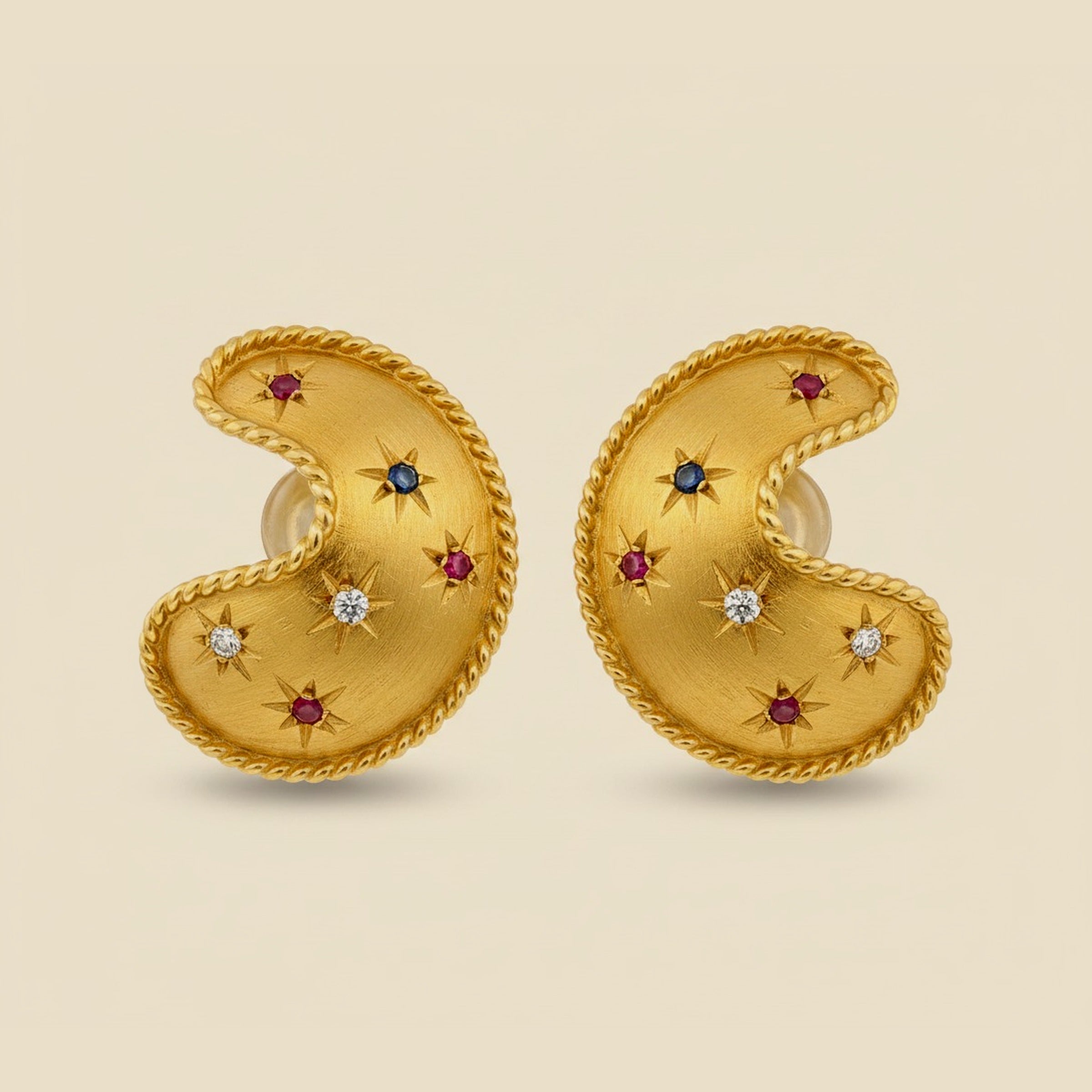 Yellow Gold Florentine Finish Braided Sapphire & Ruby Ear Clips – Empire Diamond