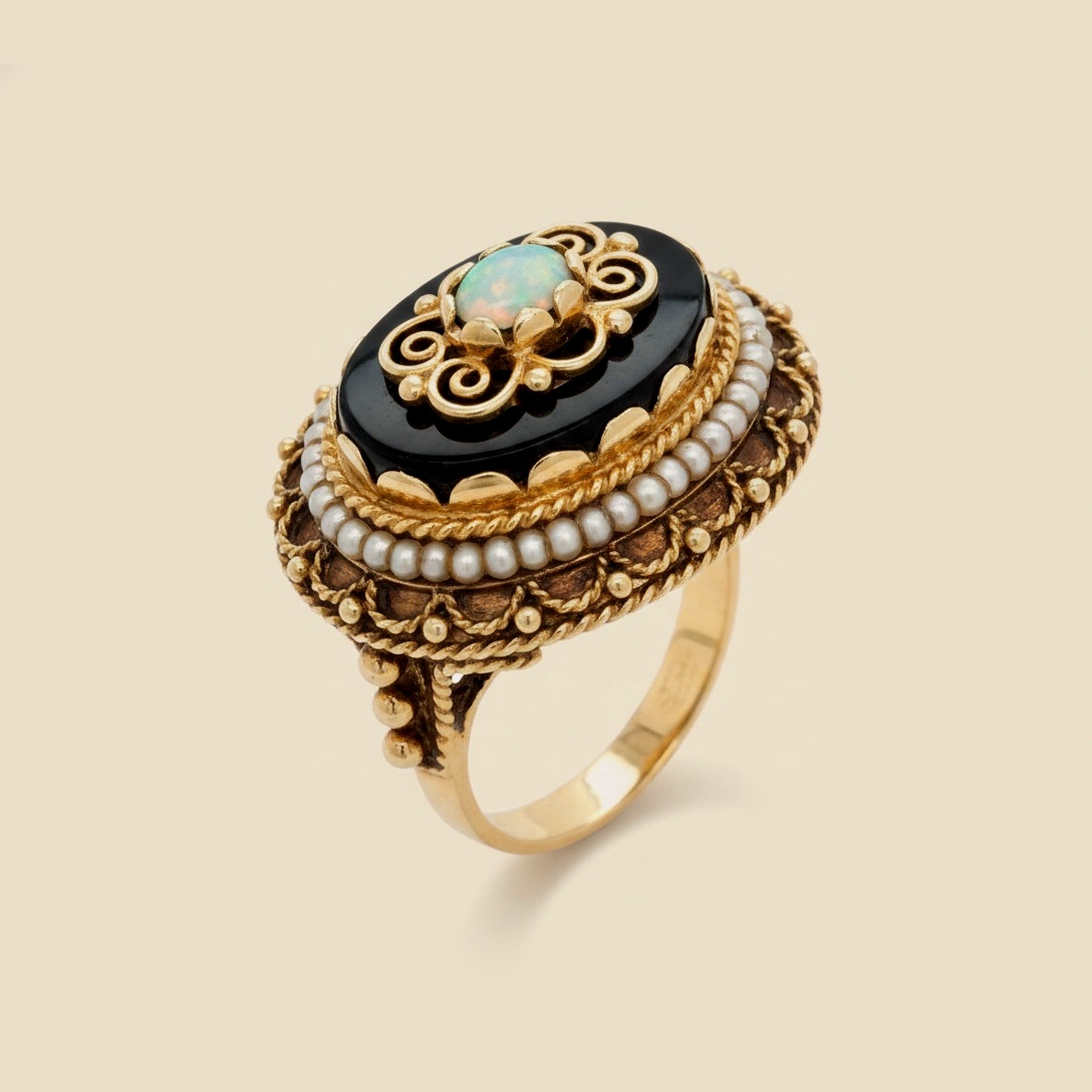 Yellow Gold Opal, Onyx, and Seed Pearl Ring