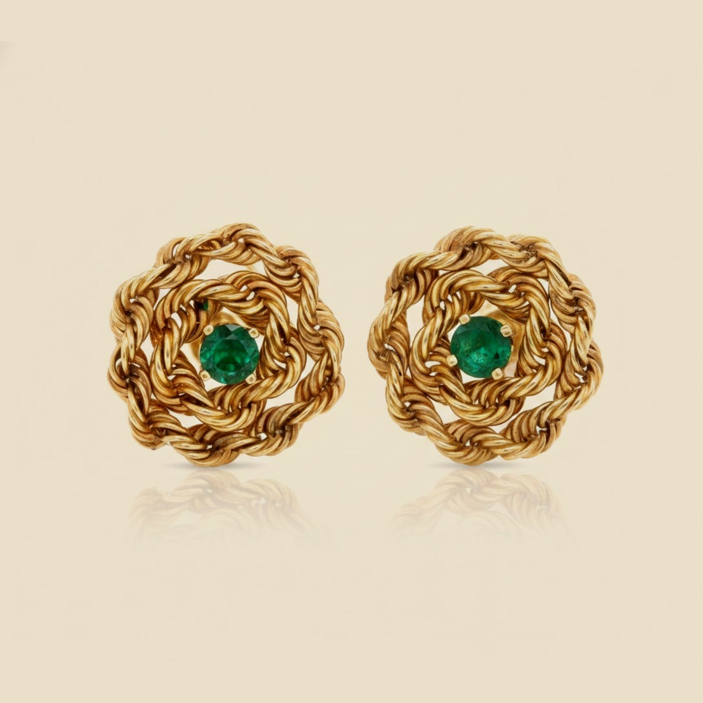 Yellow Gold Rope Braid Emerald Ear Clips