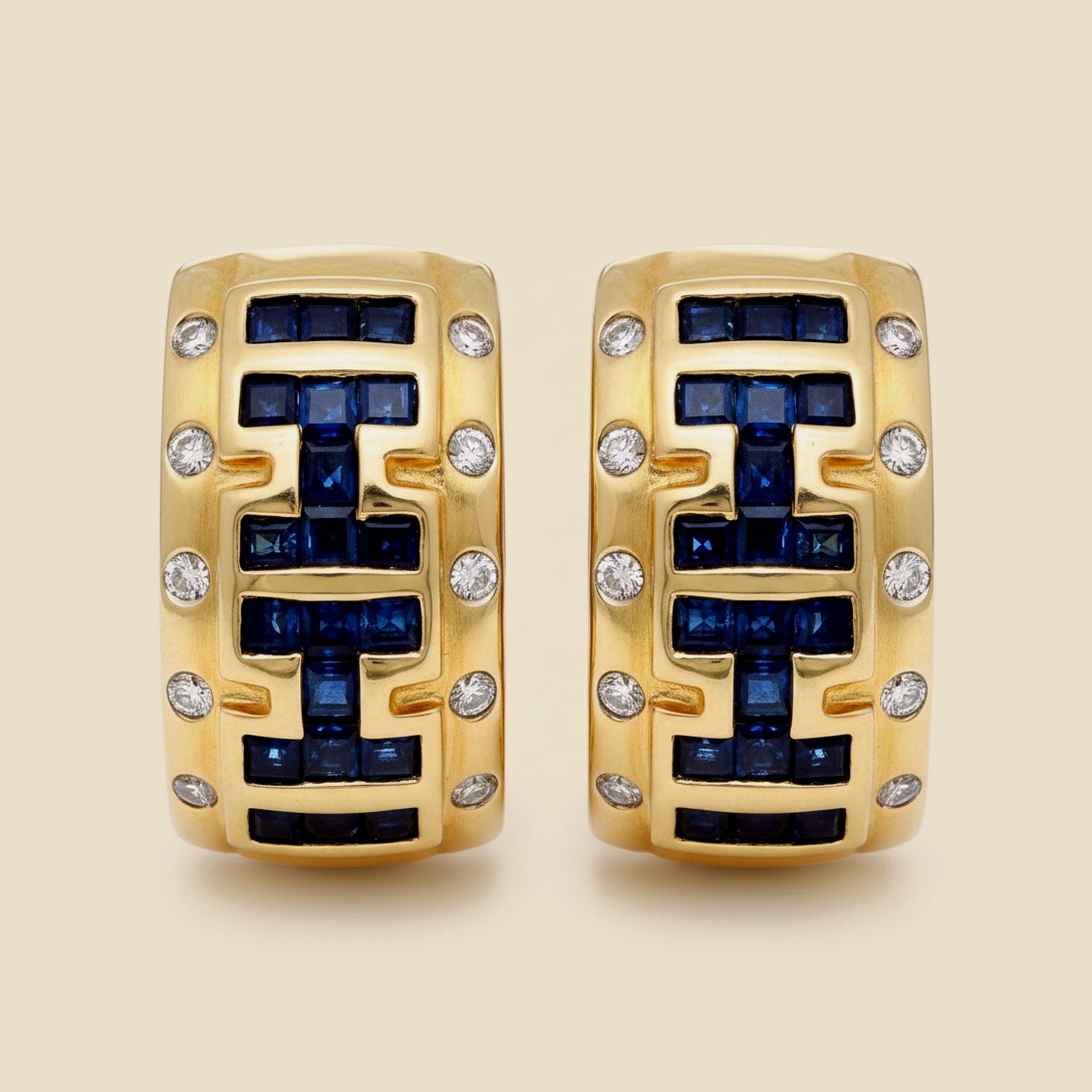 Yellow Gold Sapphire & Diamond J Hoop Earrings