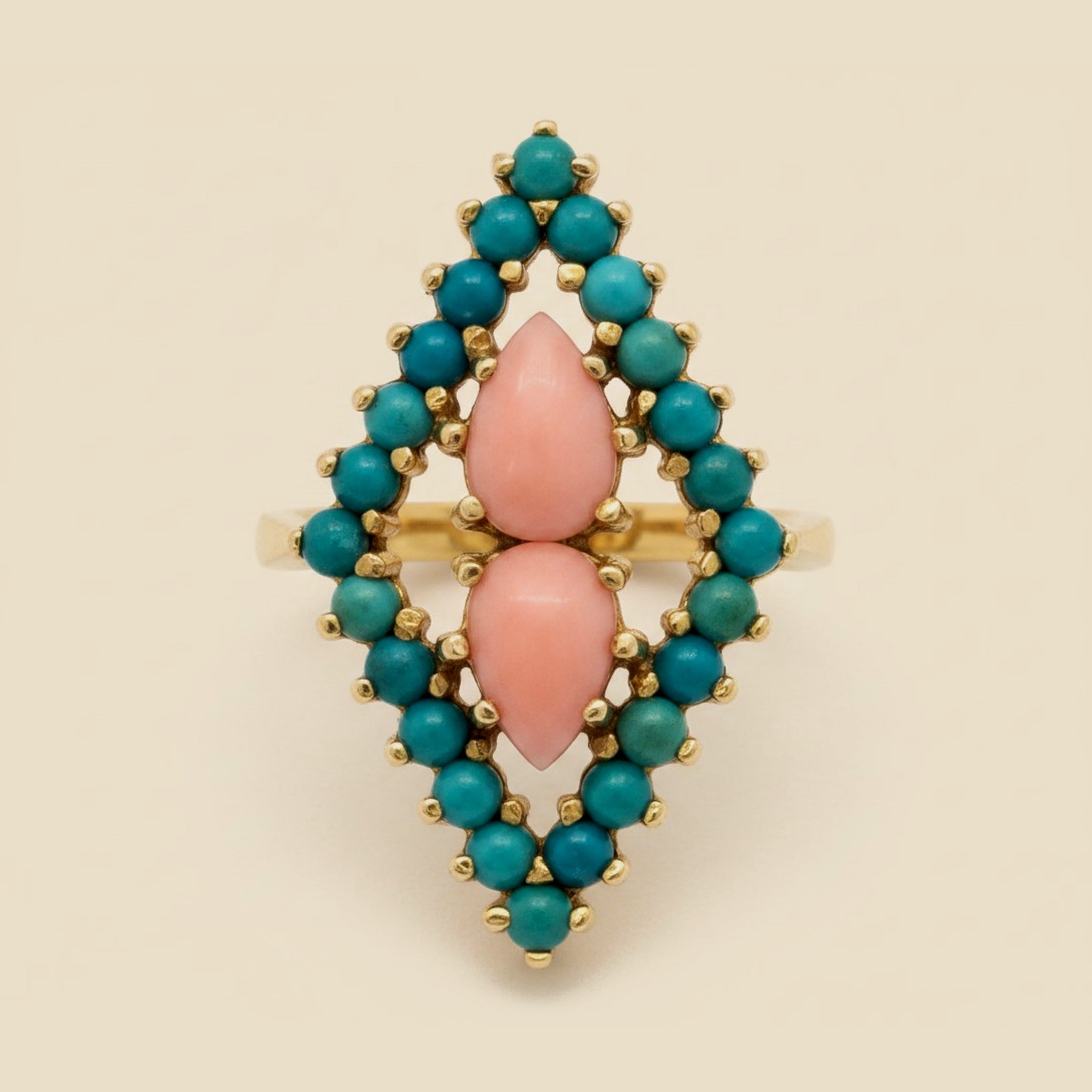 Yellow Gold Turquoise & Pink Coral Marquise Shaped Ring – Empire Diamond – view 2