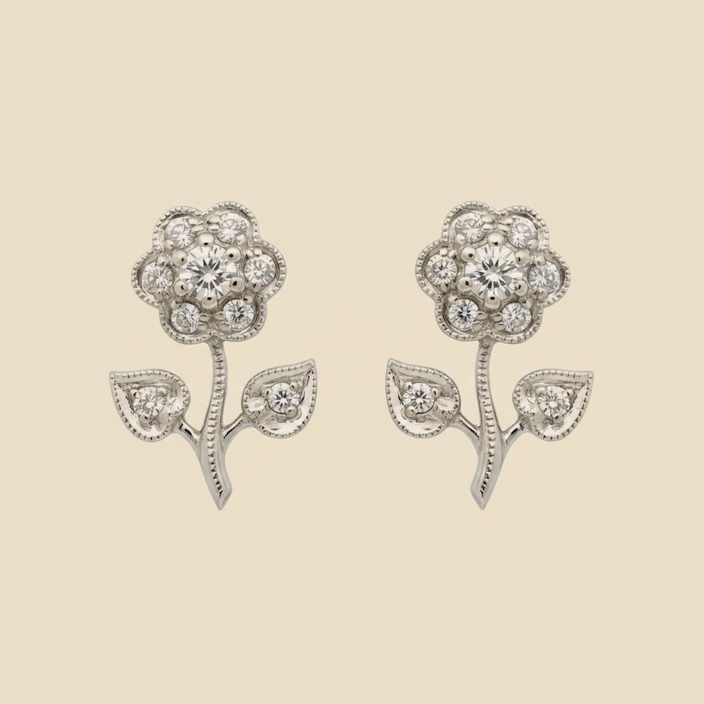 14k White Gold Diamond Flower Earrings