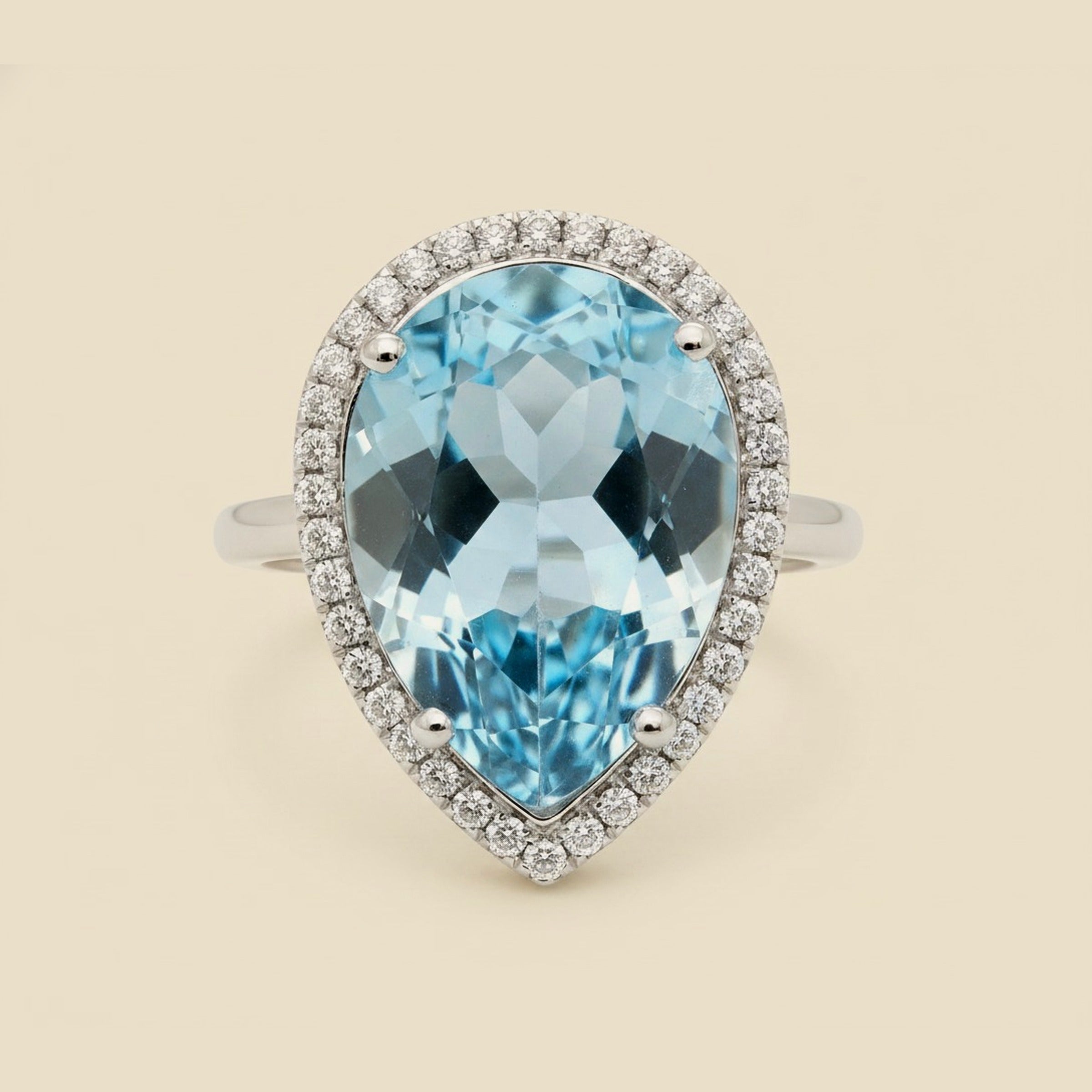 14K WHITE GOLD DIAMOND HALO BLUE TOPAZ RING