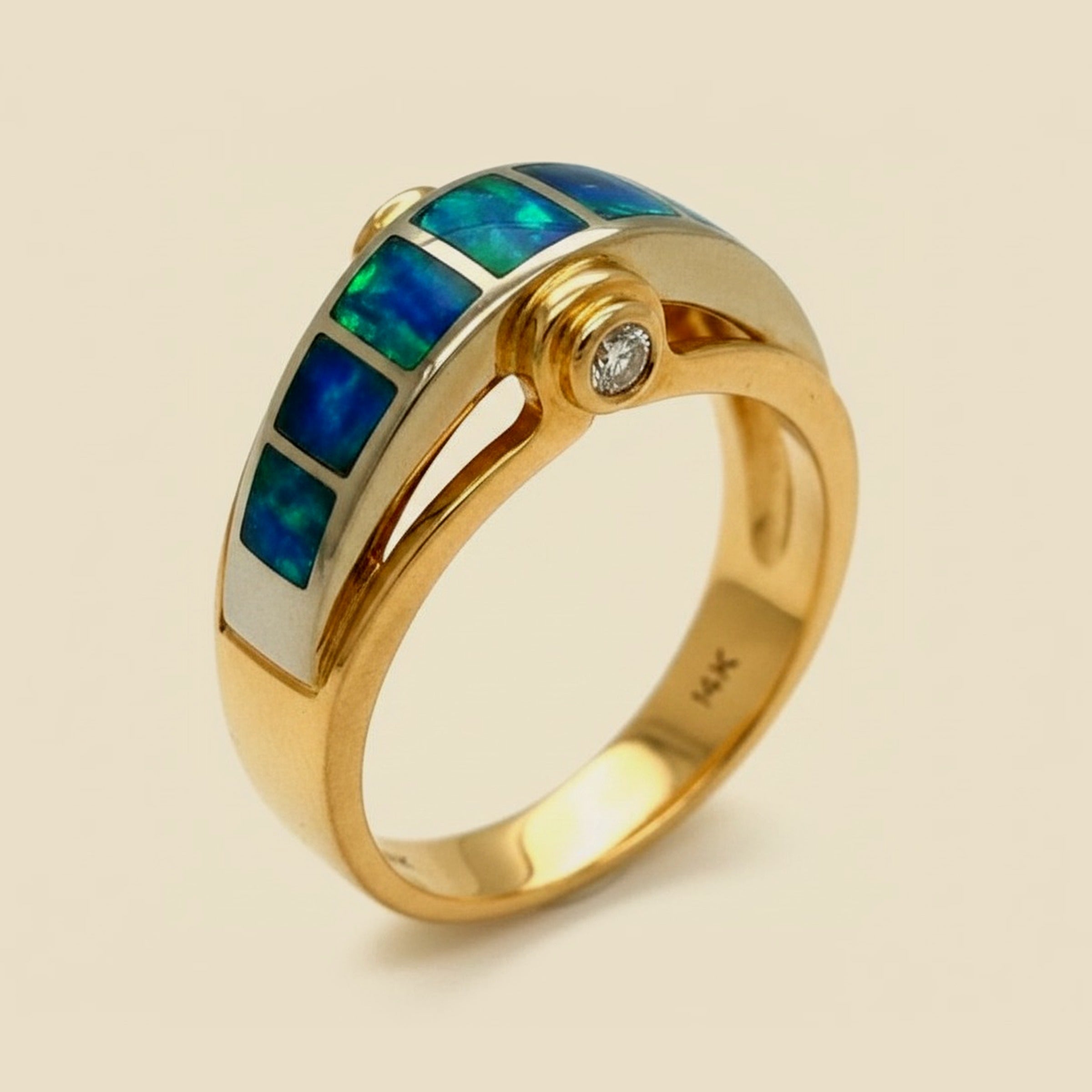 14K Yellow Gold Sectional Opal and Diamond Dome Ring