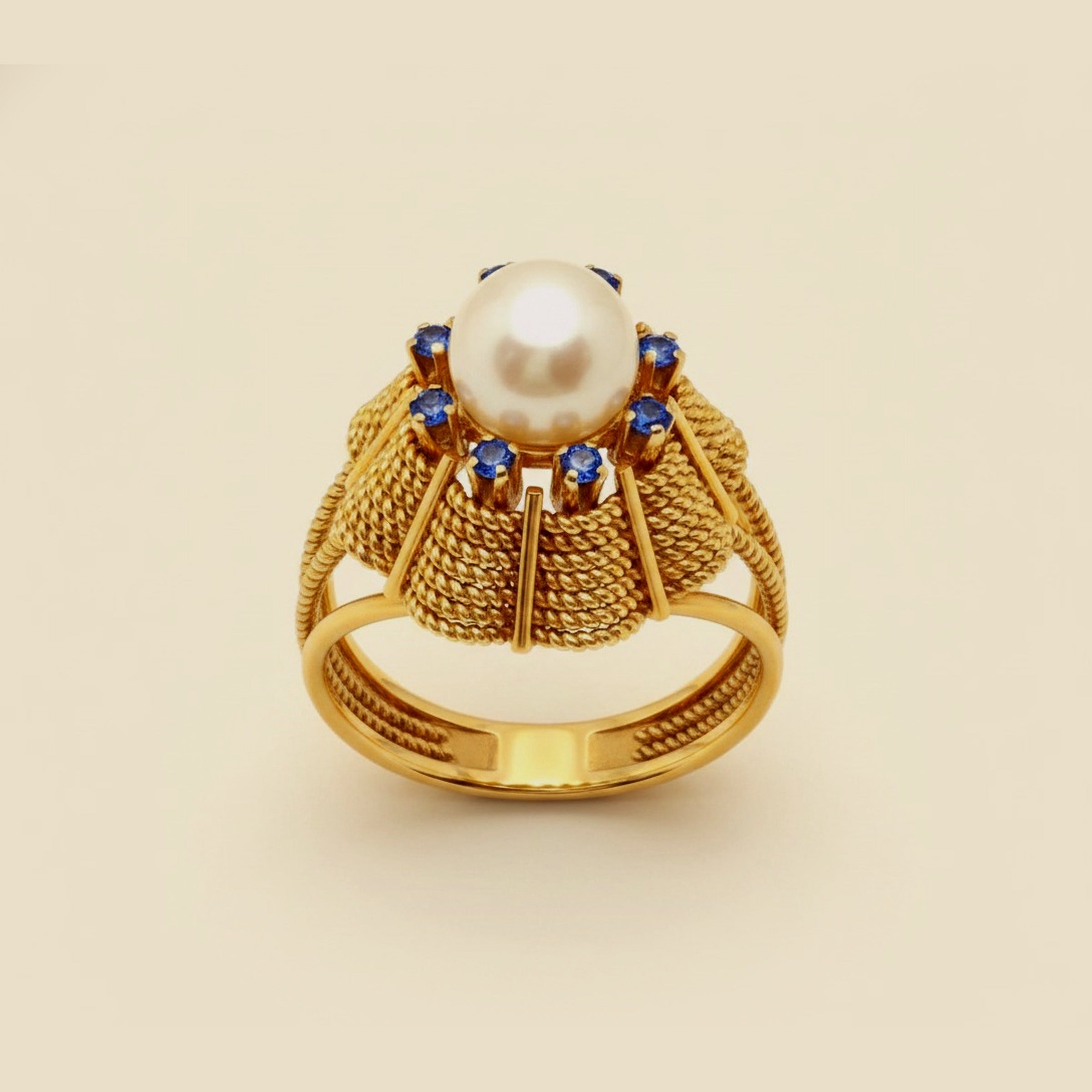 18K Cable Pearl & Blue Stone Braided Dome Ring – Empire Diamond – view 2