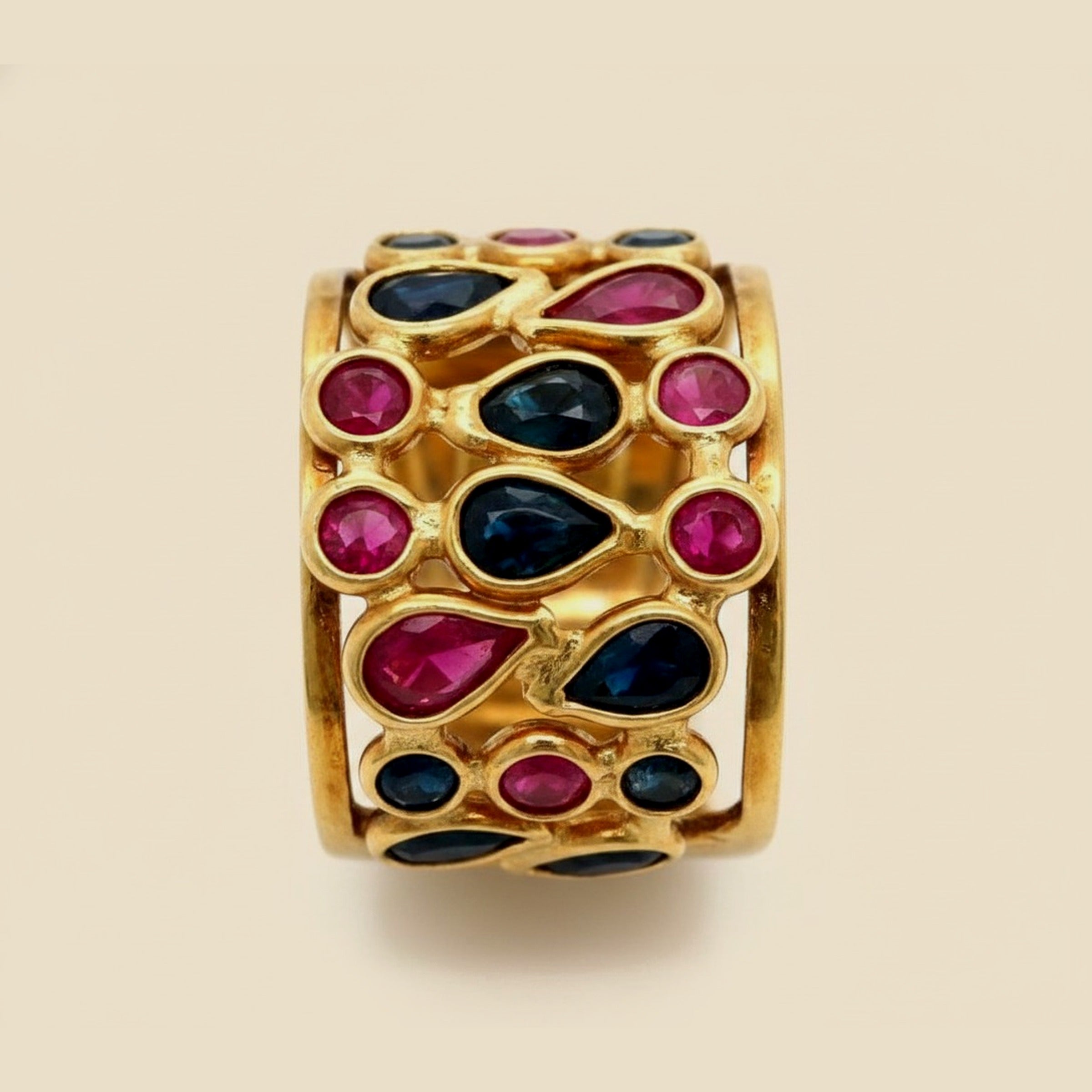 18k Italy Yellow Gold Sapphire/Ruby Band Ring