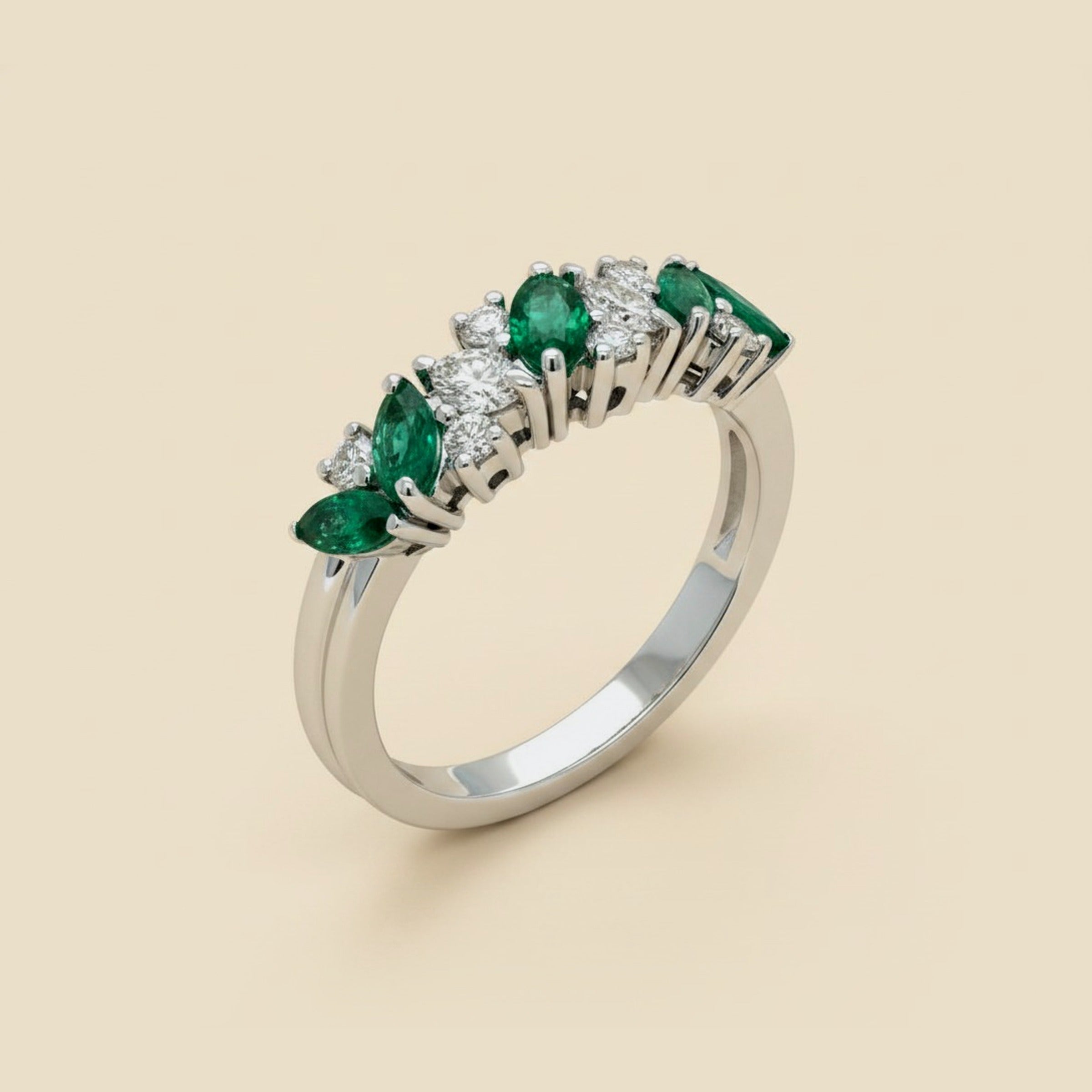 18k White Gold Emerald & Diamond Wedding Band