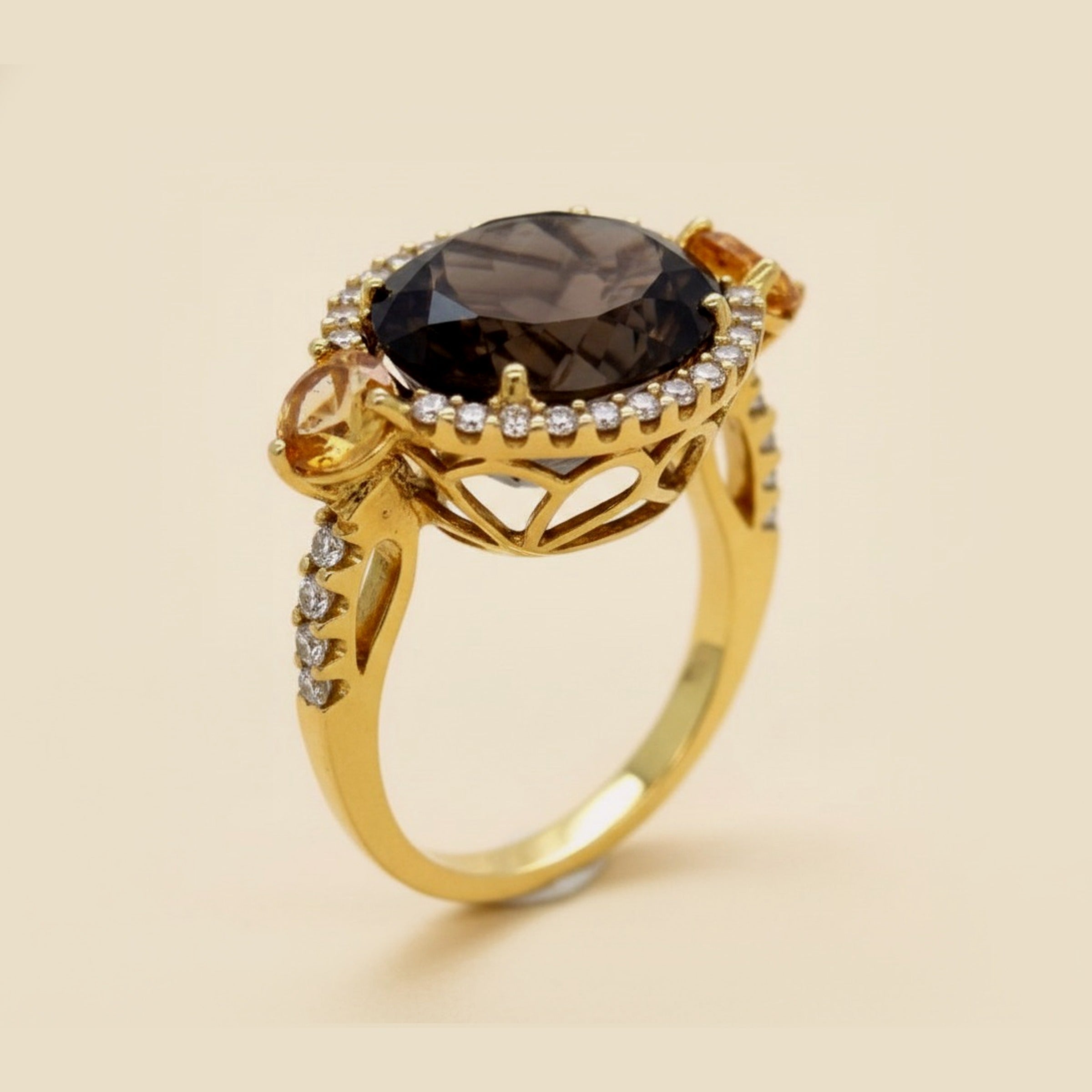 18k Yellow Gold Smoky Topaz, Citrine, and Diamond Ring