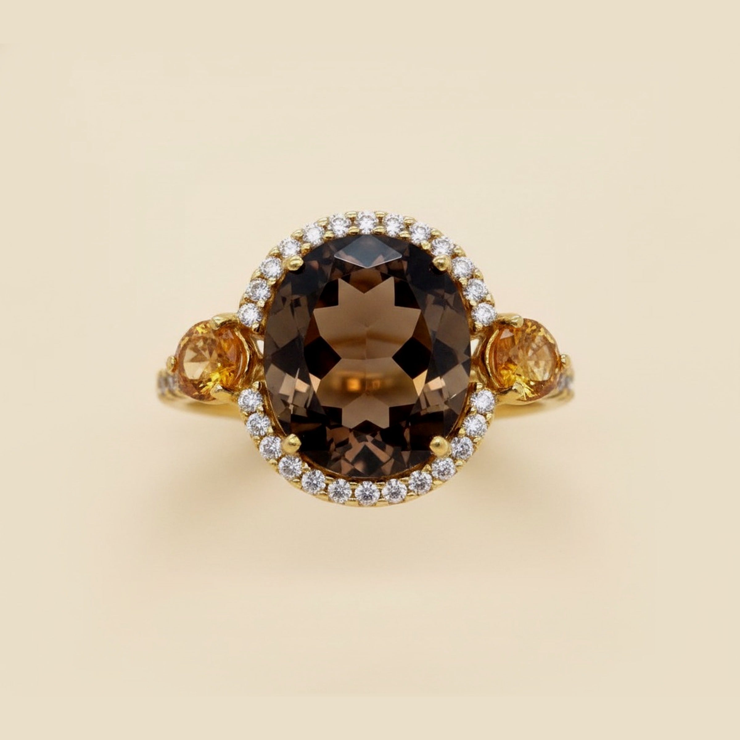 18k Yellow Gold Smoky Topaz, Citrine, and Diamond Ring