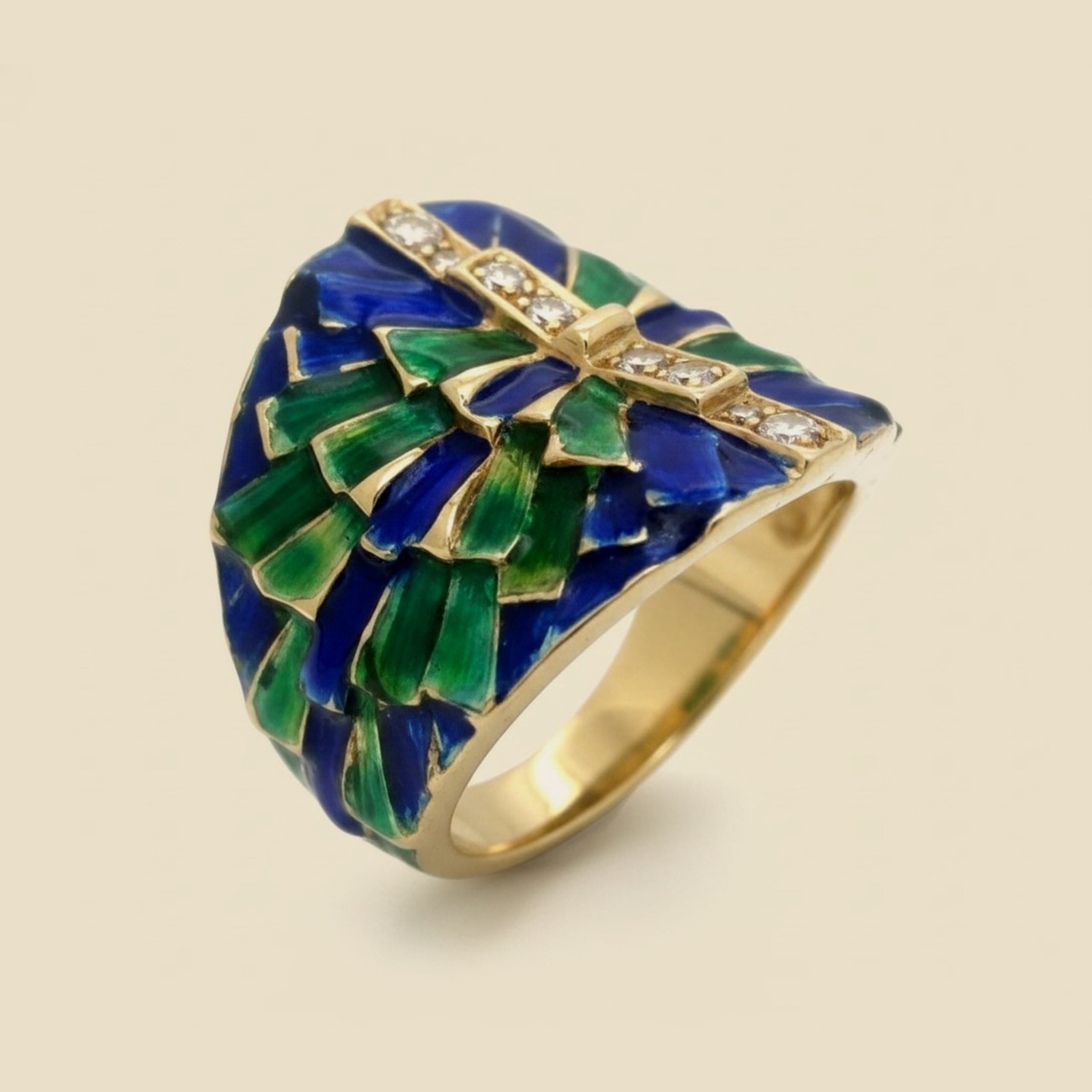 1960's Green/Blue Enamel 14k Yellow Gold Diamond Ring