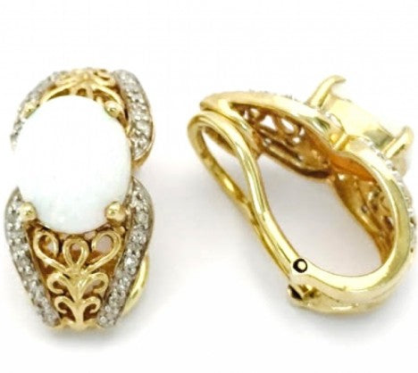 Yellow Gold Opal and Diamond "J" Hoop Earrings – Empire Diamond – view 2