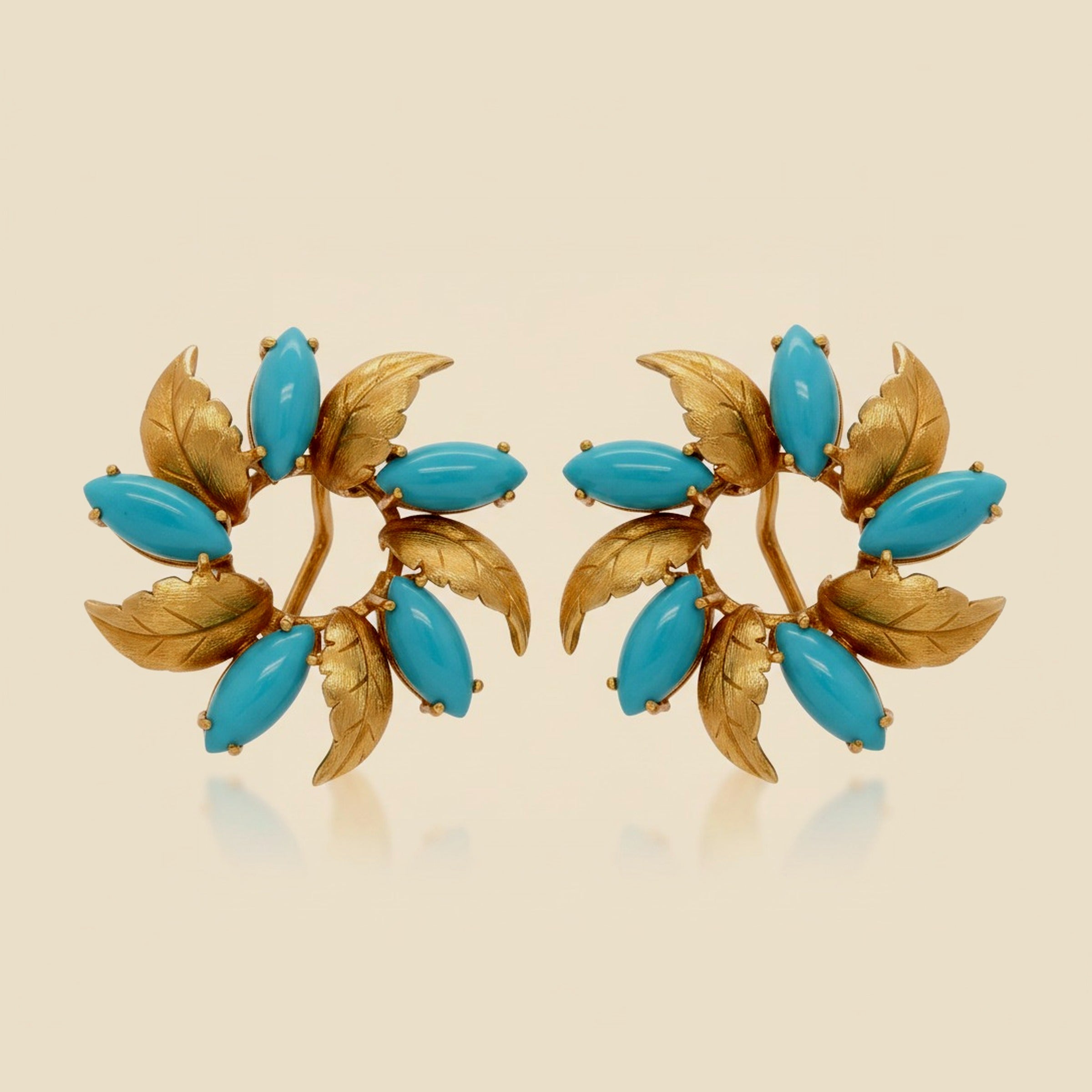 Alternating Natural Turquoise & a Florentine Leaf Ear Clips – Empire Diamond