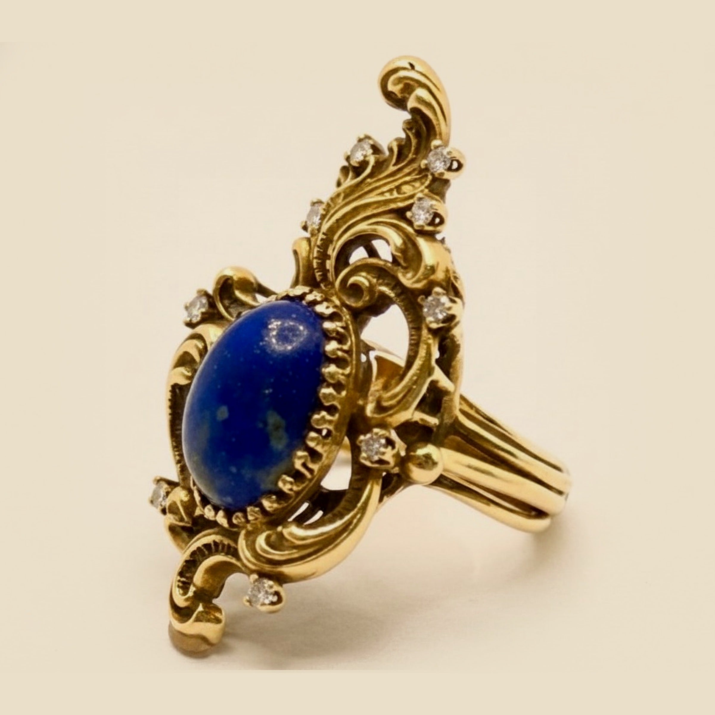 Decorative Lapis & Diamond Scroll Ring – Empire Diamond
